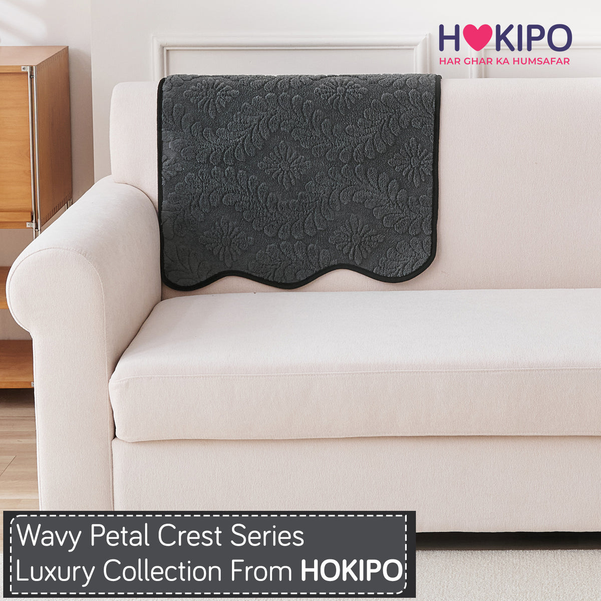 Embossed Floral Jacquard Anti-Slip Sofa Cover Mat, 'Wavy Petal Crest Series' Charcoal Grey