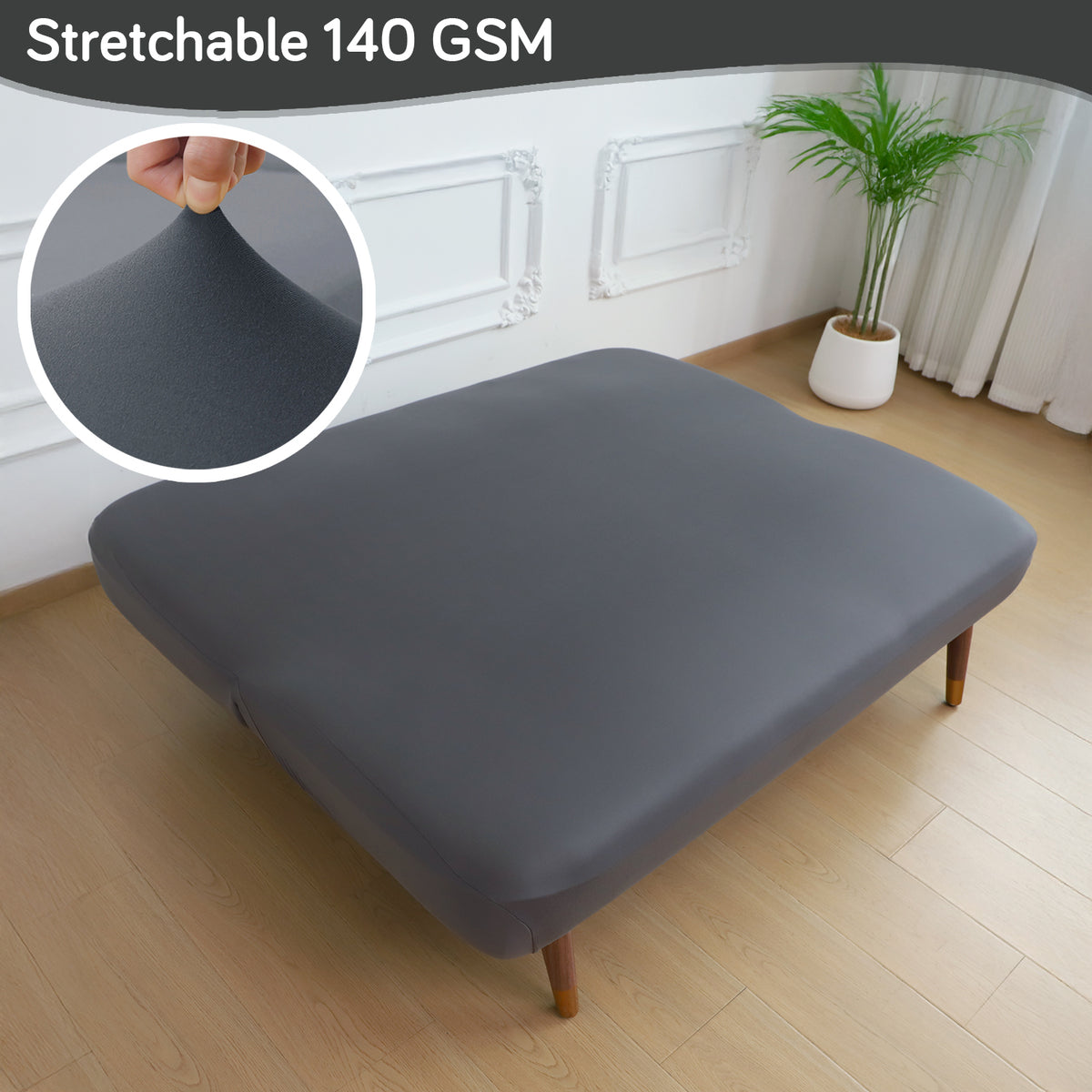 SereneSolids Stretchable Elastic Armless Sofa Cover – 140 GSM, Futon Slipcover, Easy Fit, Grey