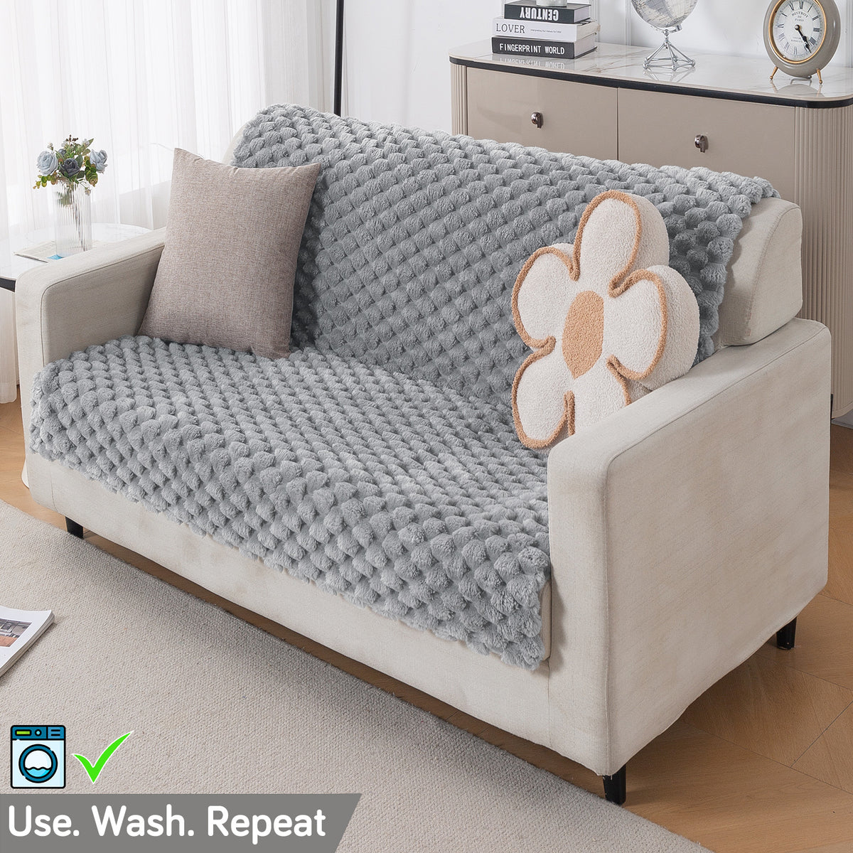 'BunnySoft Series' Plush Sofa Cover Throw for Sofa Seat & Back, Moon Grey