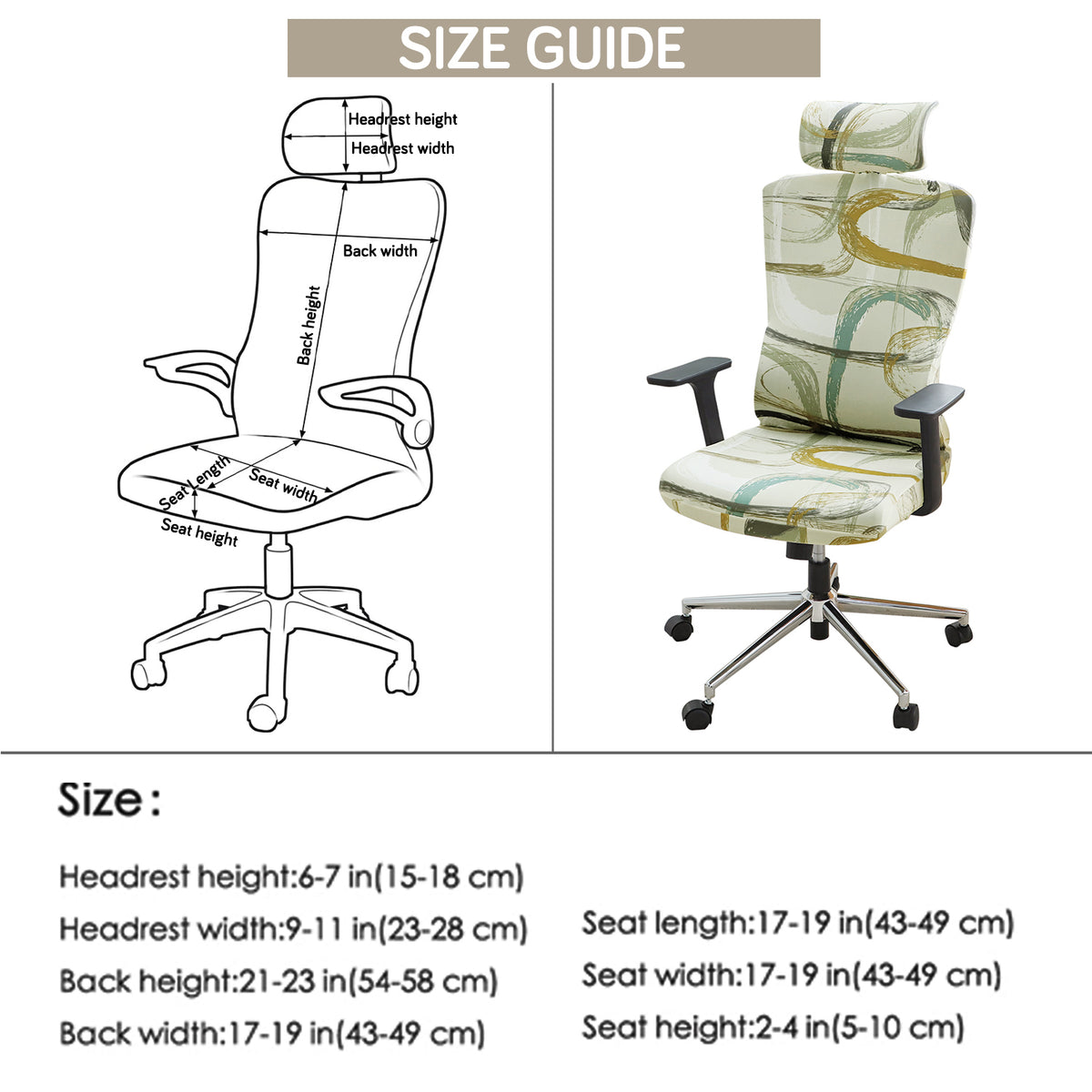 Printed Office Chair Cover with Headrest (High-Back) – 140 GSM Stretch Fabric – Washable, Anti-Slip Fit for Ergonomic Mesh Office Chairs, Parchement Beige Abstract Art