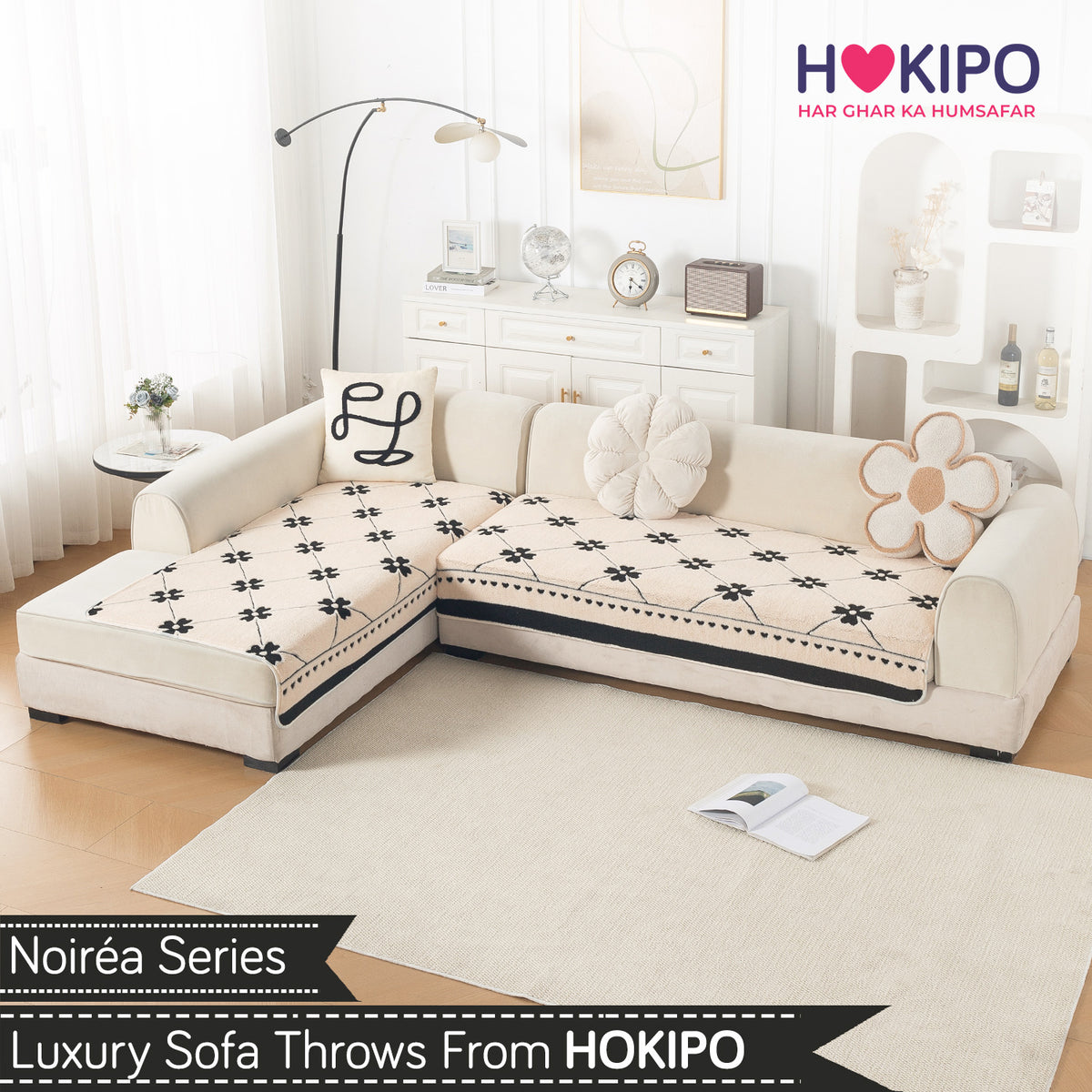 Luxury Plush Sherpa Anti Slip Combination Sofa Mat, 'Noirea Series'|Floral Lattice
