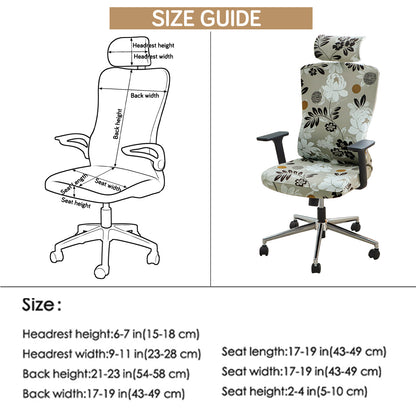 Printed Office Chair Cover with Headrest (High-Back) – 140 GSM Stretch Fabric – Washable, Anti-Slip Fit for Ergonomic Mesh Office Chairs, Feather Brown Floral