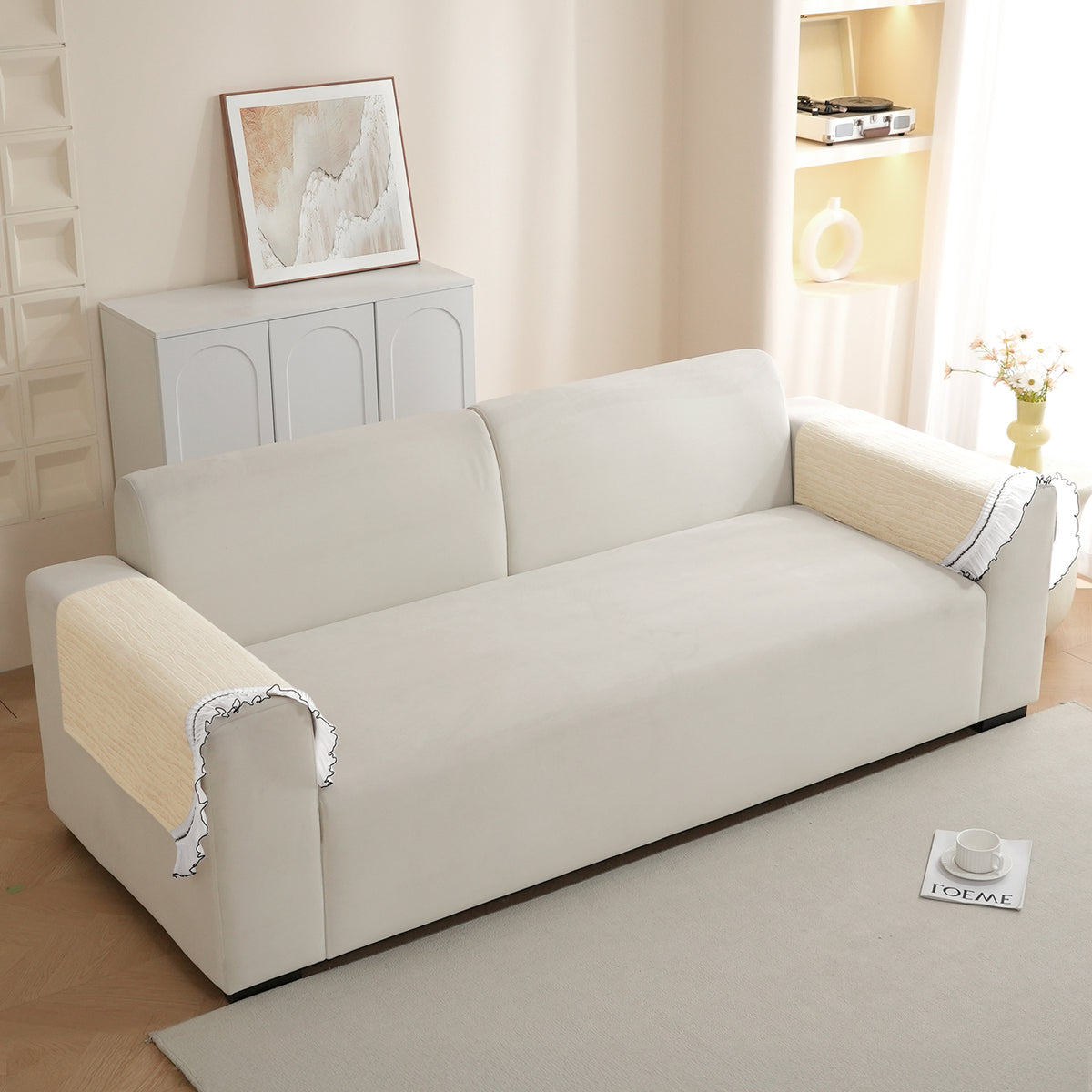 French Lace & Luxe with White Ruffle Edge Sofa Cover Mat, Moonstone Beige