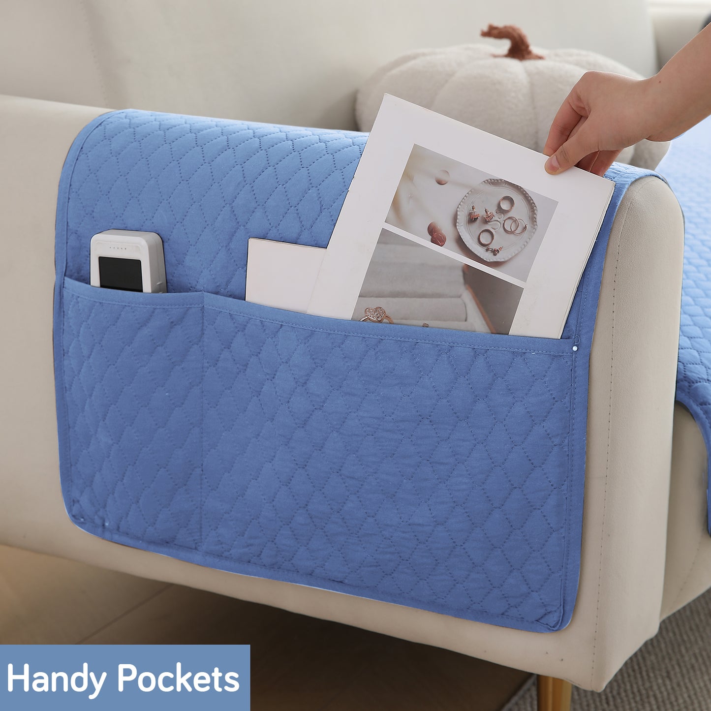 Quilted Sofa Cover Mat with 2 Armrest Covers Pockets, Blue