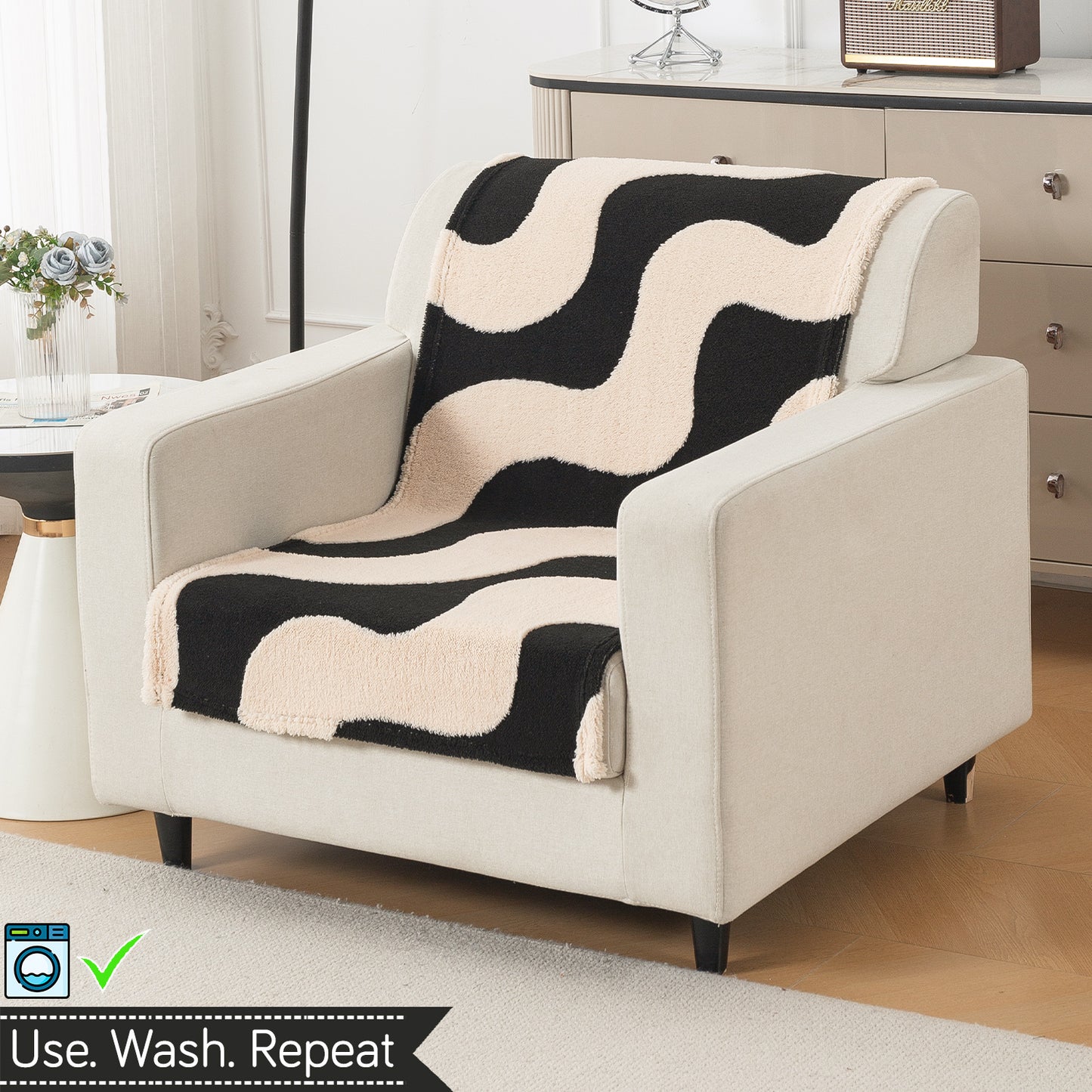 'Noirea Series' Plush Sofa Cover for Seat & Back, Wavy Stripe