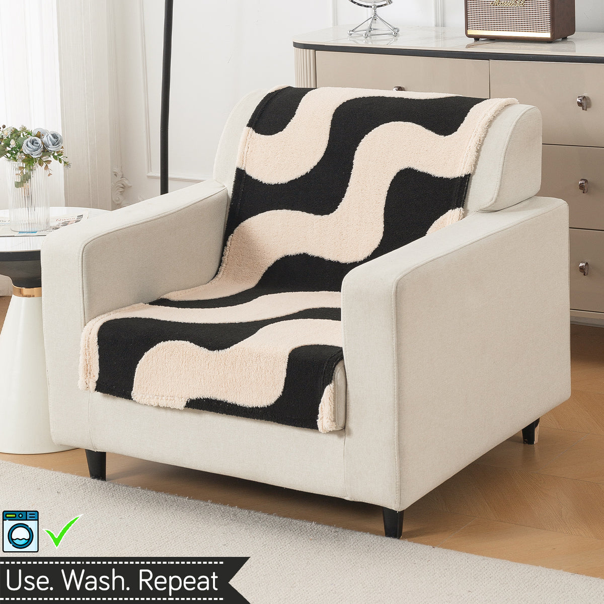'Noirea Series' Plush Sofa Cover for Seat & Back, Wavy Stripe