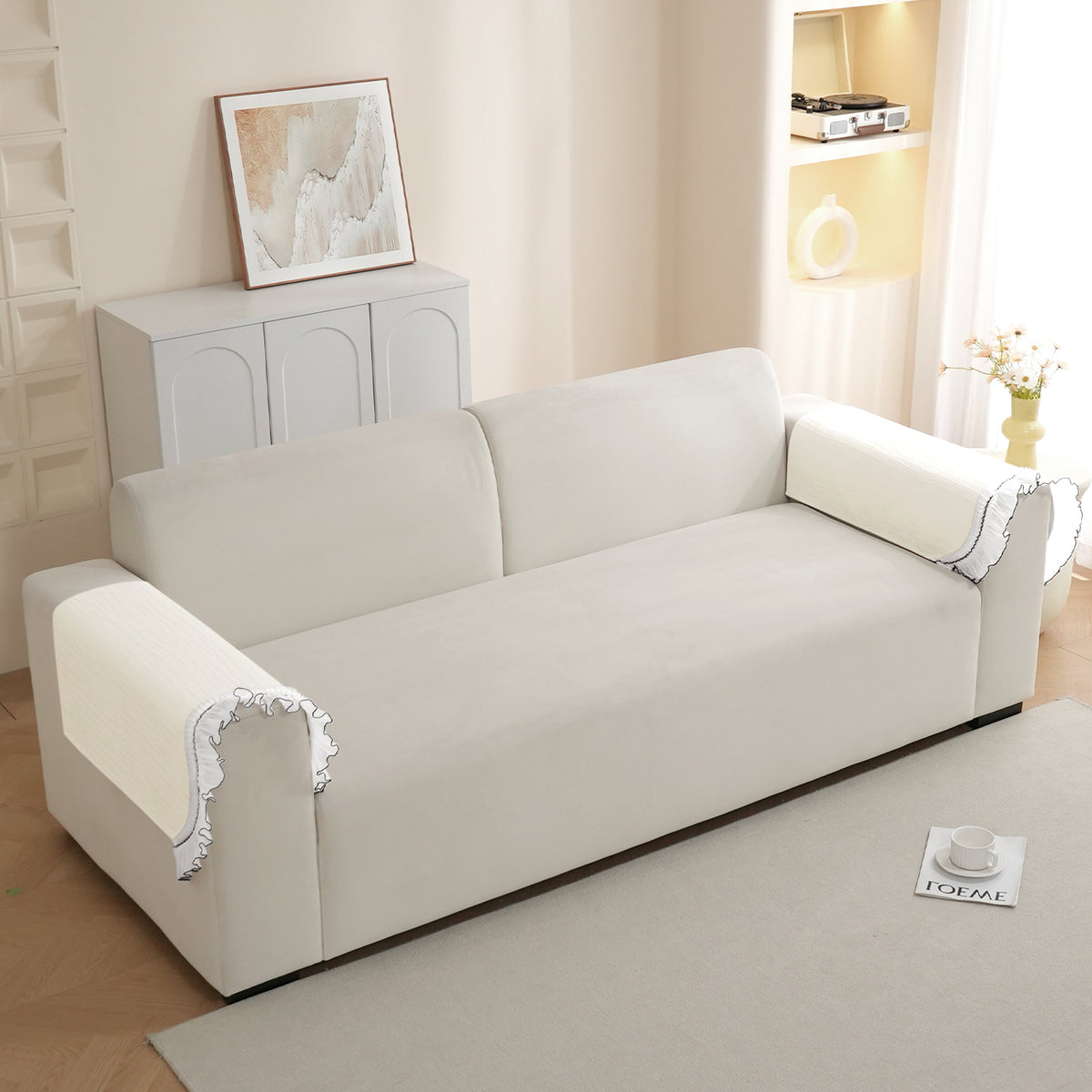 French Lace & Luxe with White Ruffle Edge Sofa Cover Mat, Pearl Sheen White