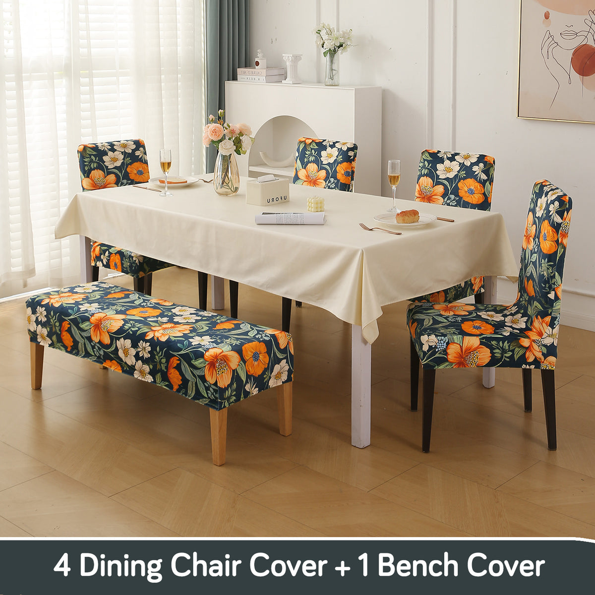 Premium Velvet Cover Set for 4 Dining Chairs + 1 Dining Bench, Teal Twilight Garden