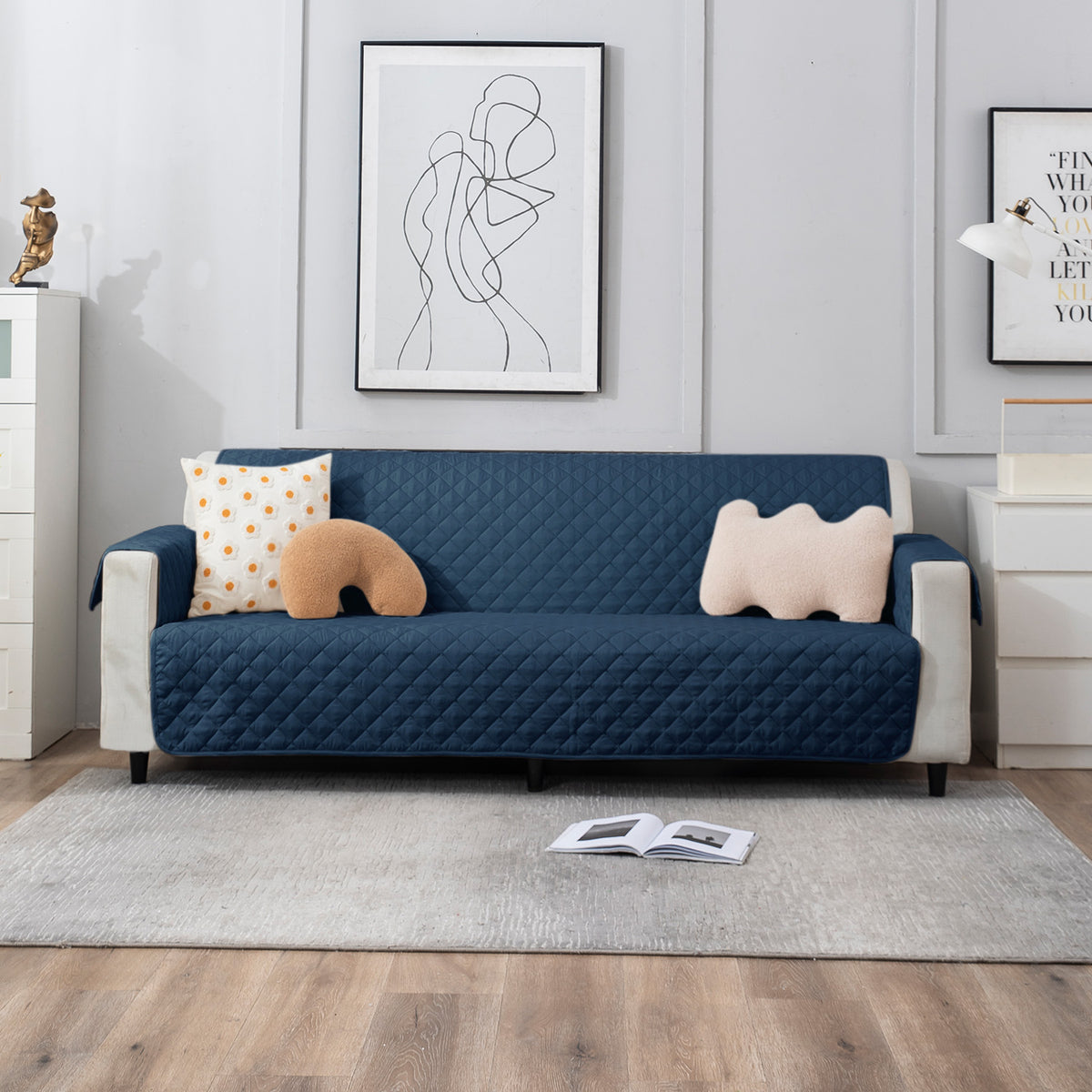 UrbanQuilt Quilted Polyester Sofa Cover Mat Pet Friendly, Navy Blue