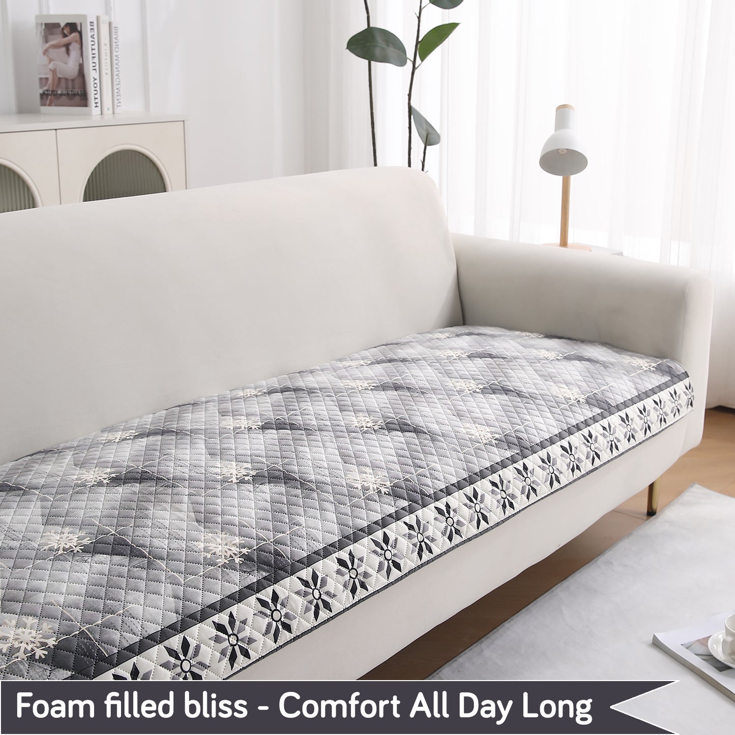 LiefNest Printed Holland Velvet L Shape Sofa Seat Mat with Foam Filling - Snowflakes Gradient Grey