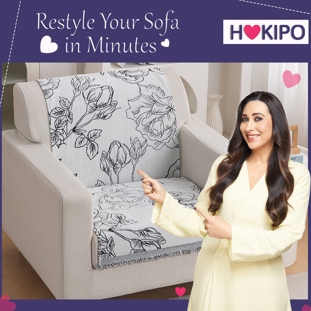 Premium 320 GSM Chenille Sofa Cover 'Serene Abode Series', White Rose Garden