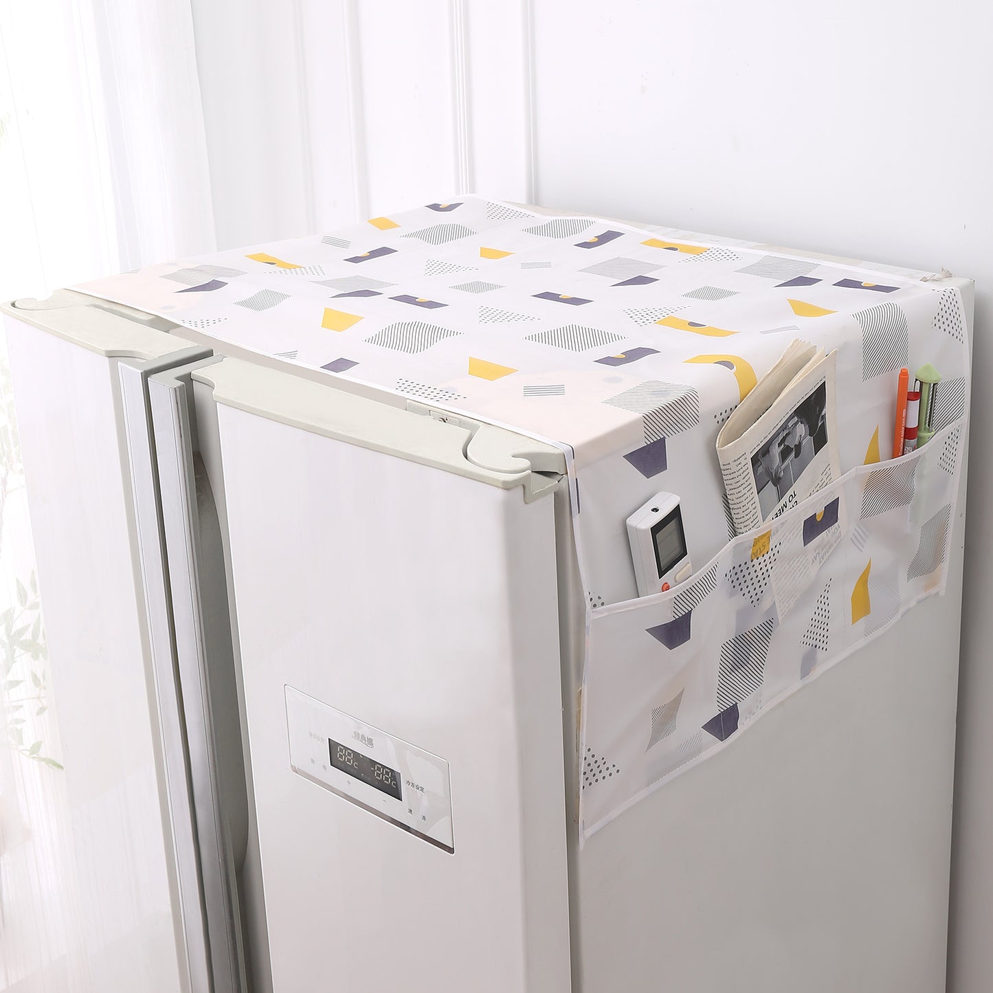 Small / Large Fridge Cover Top | For Smaller Single Door, Double Door and Bigger Double Door Refrigerator - Waterproof, Printed with 6 Side Pockets, Geometric Abstract