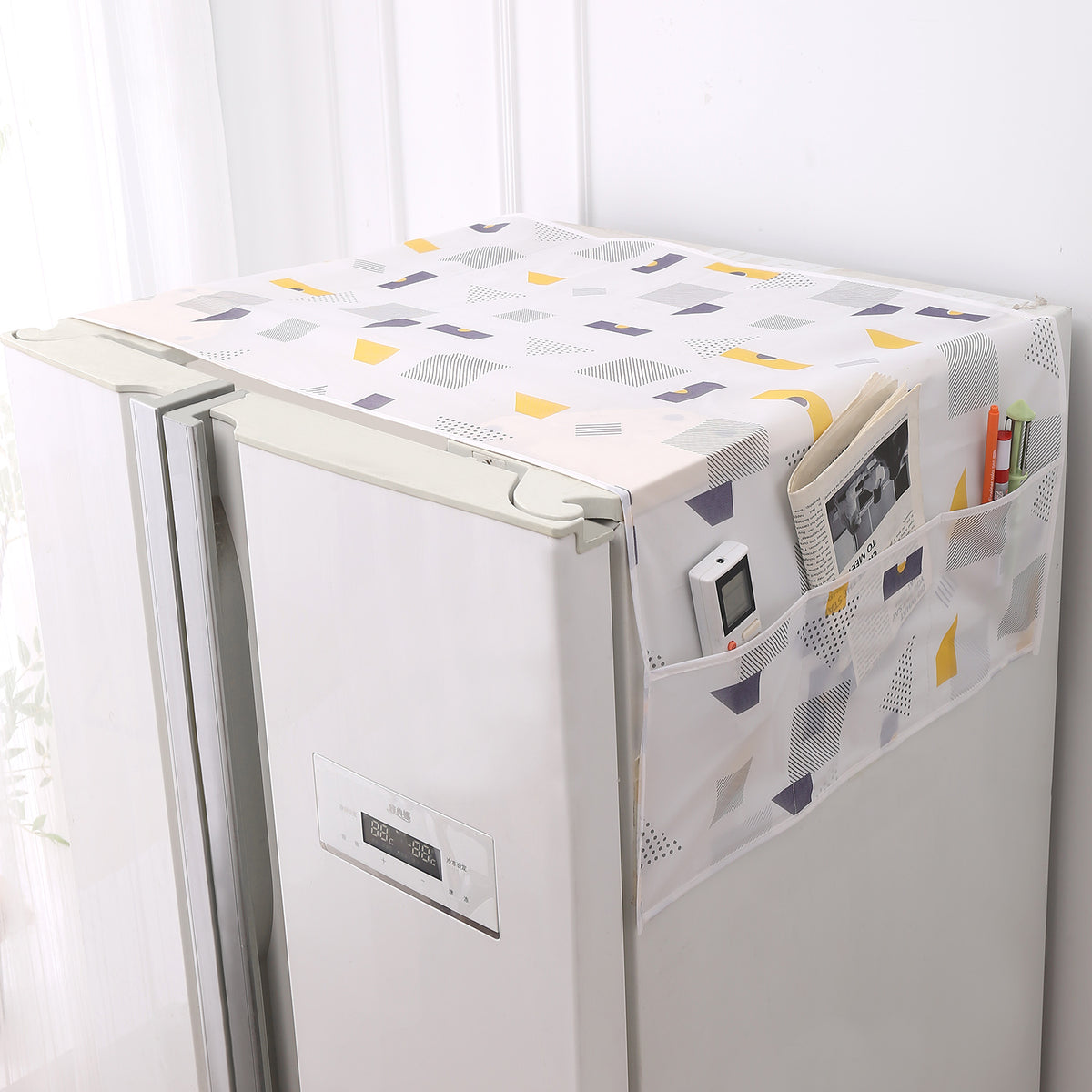 Small / Large Fridge Cover Top | For Smaller Single Door, Double Door and Bigger Double Door Refrigerator - Waterproof, Printed with 6 Side Pockets, Geometric Abstract