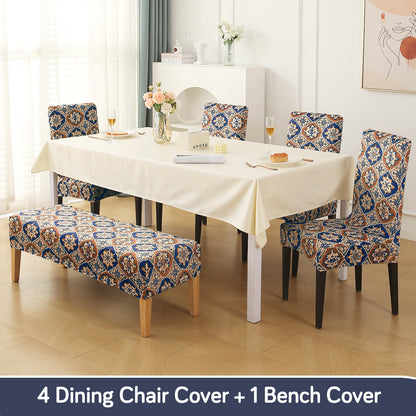 Premium Velvet Cover Set for 4 Dining Chairs + 1 Dining Bench, Indigo Moroccan Charm
