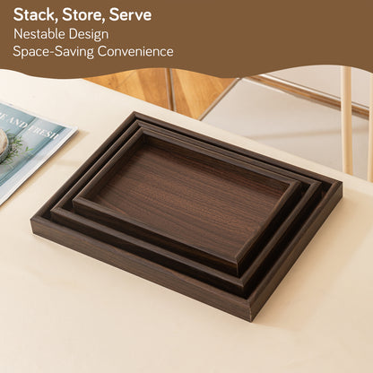 Wooden Serving Tray MDF Rectangular Eco-Friendly Trays Set of 3, Dark Walnut Finish