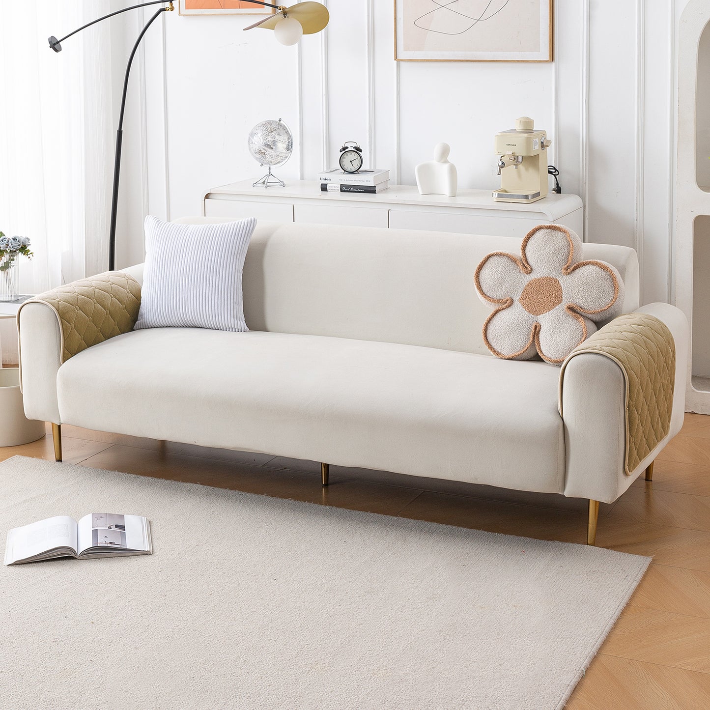 Diamond Tuft Plush Sofa Cover Mat, Sand Beige