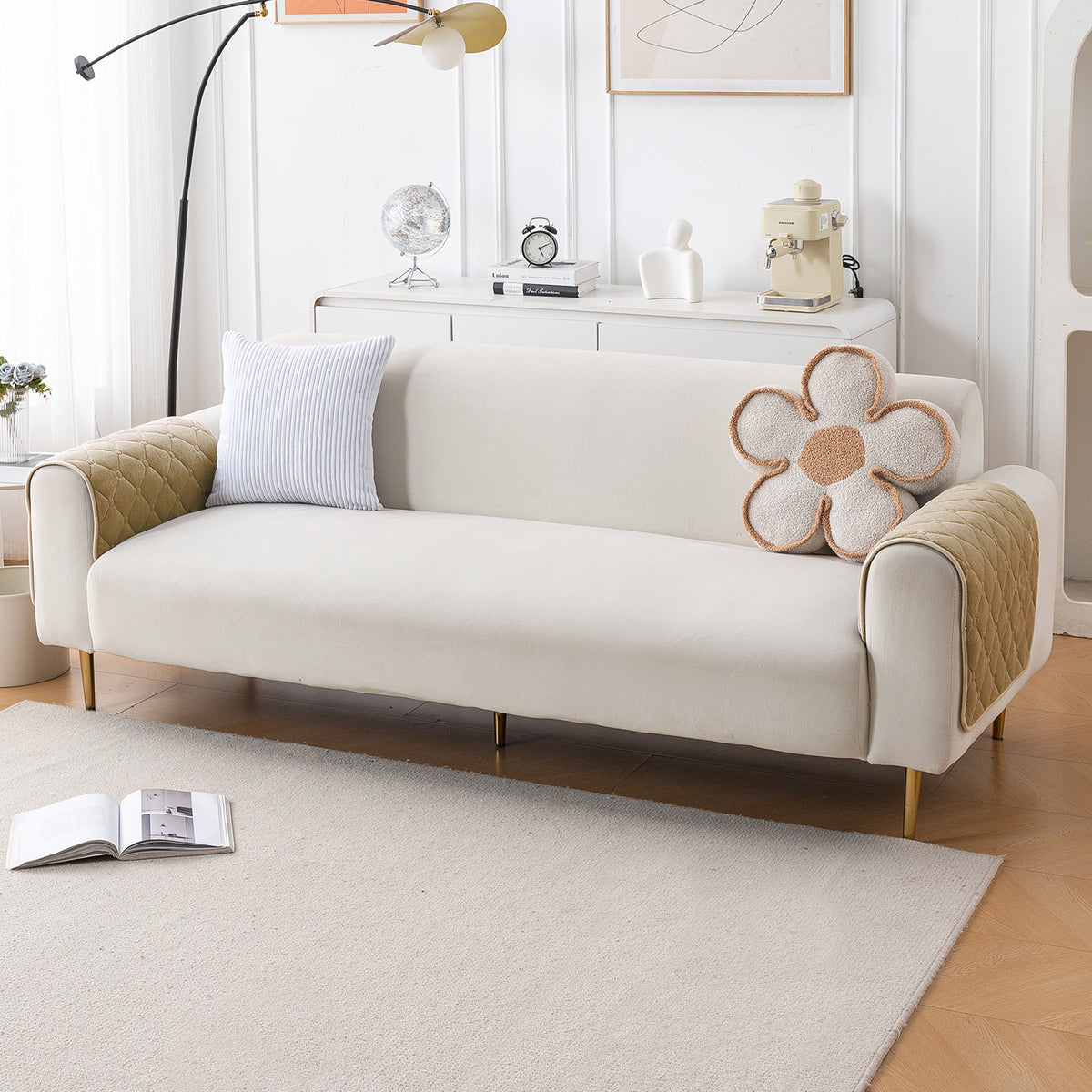 Diamond Tuft Plush Sofa Cover Mat, Sand Beige
