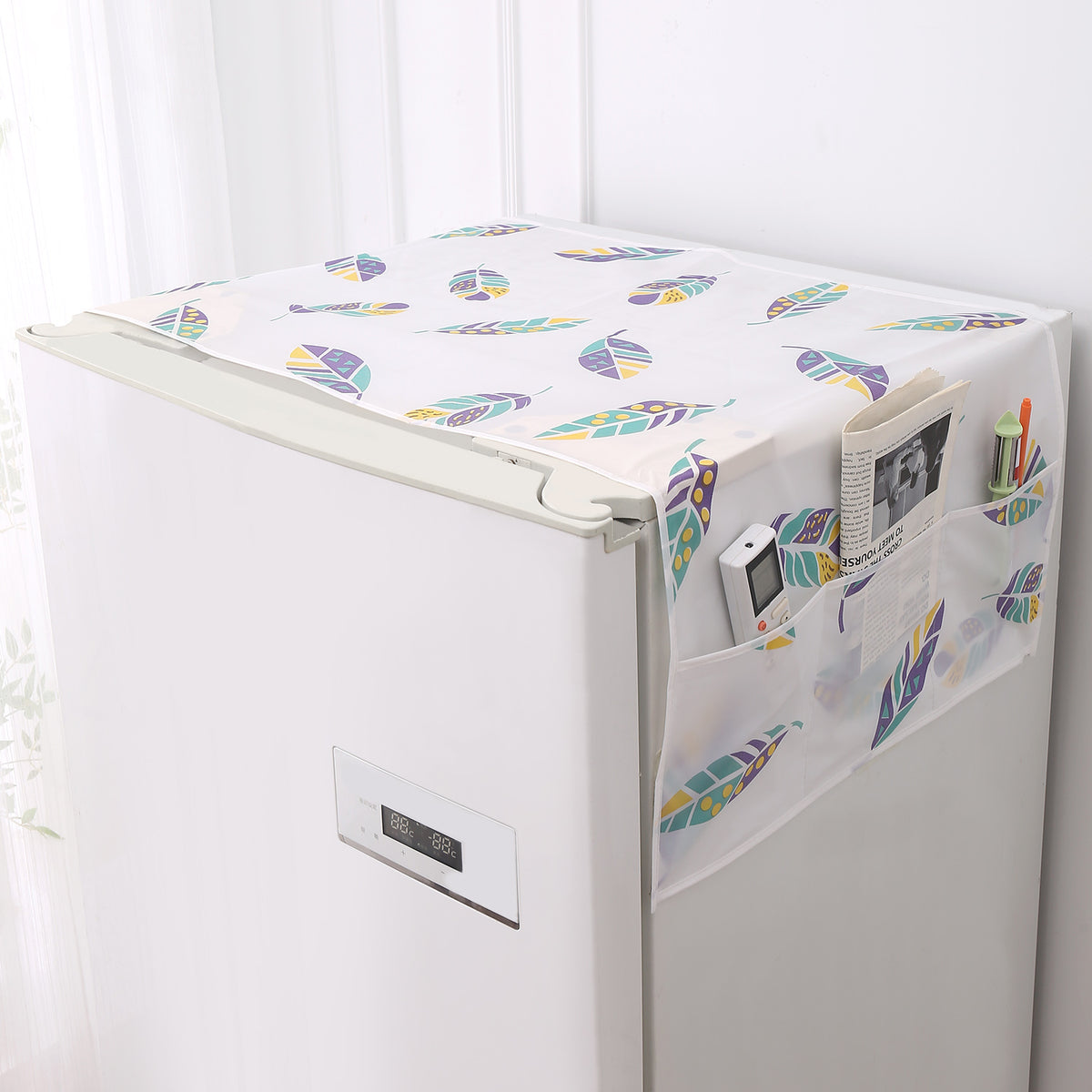 Small / Large Waterproof, Printed Fridge Cover Top with 6 Side Pockets, Boho Feathers
