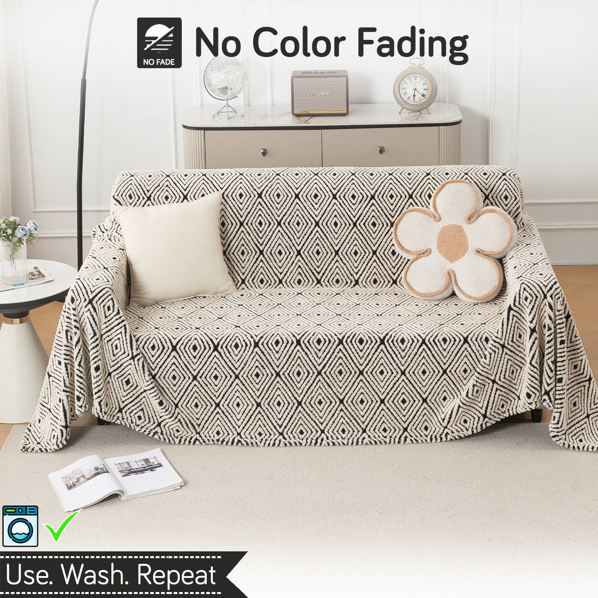 Buy Geometric Diamond Noirea Series Luxury Plush Sofa Throw Cover – 3 Seater Sofas | HOKIPO