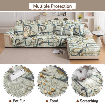 Elira Series Quilted One-Piece L Shape Sofa Cover Mat with Left and Right Chaise, Parchement Beige Abstract Art