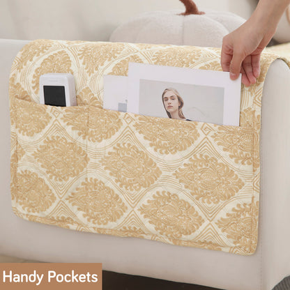 Quilted Sofa Seat Mat with Two Armrest Covers with Pockets for 1/2/3 Seater Sofa, Ogee Ivory