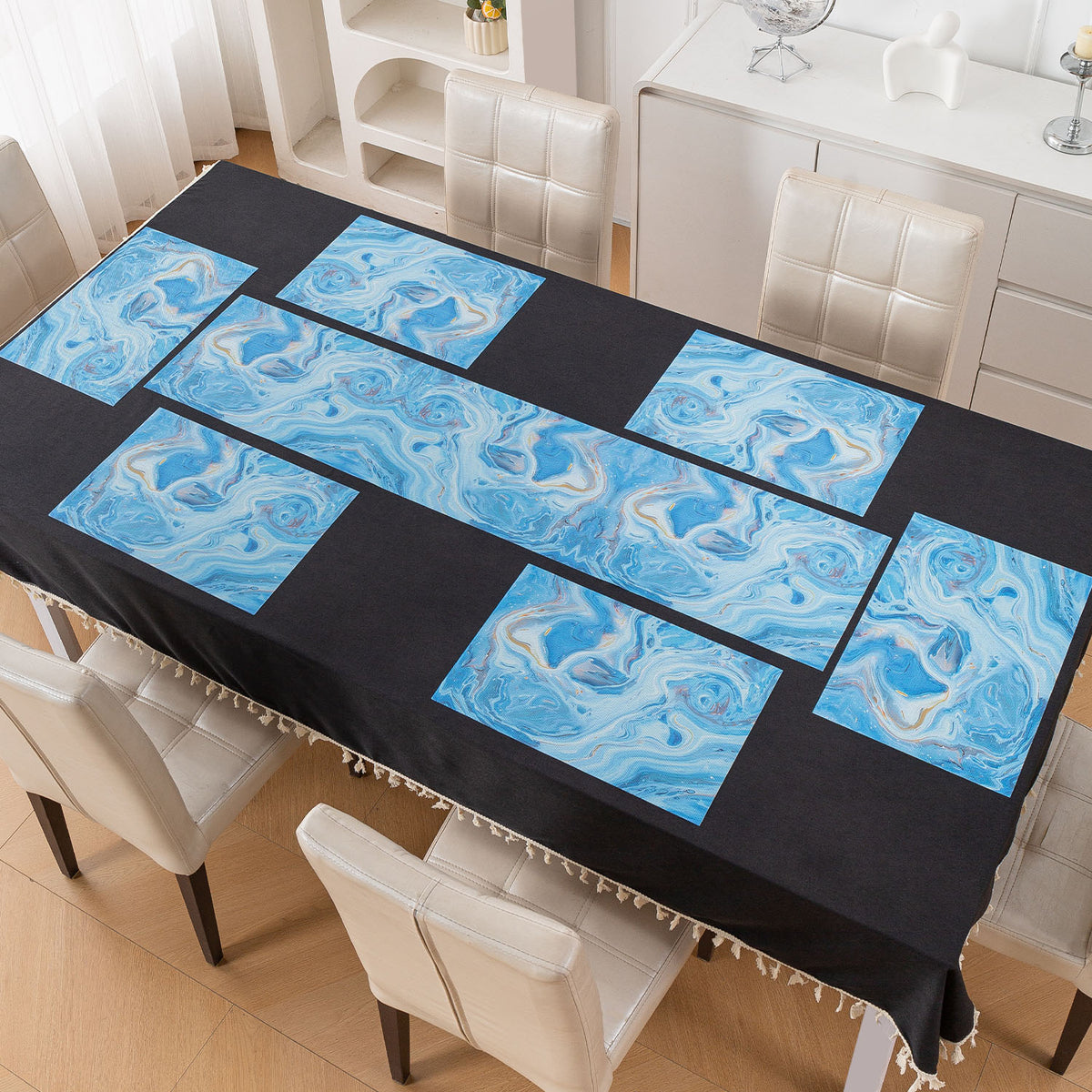 Marble Fusion PVC Mats for Dining Table, Aqua Swirl - Ocean Blue