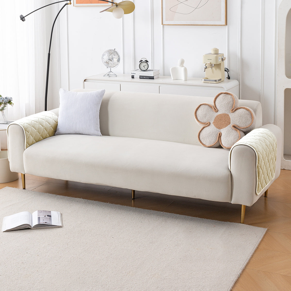 Diamond Tuft Plush Sofa Cover Mat, Ivory Cream