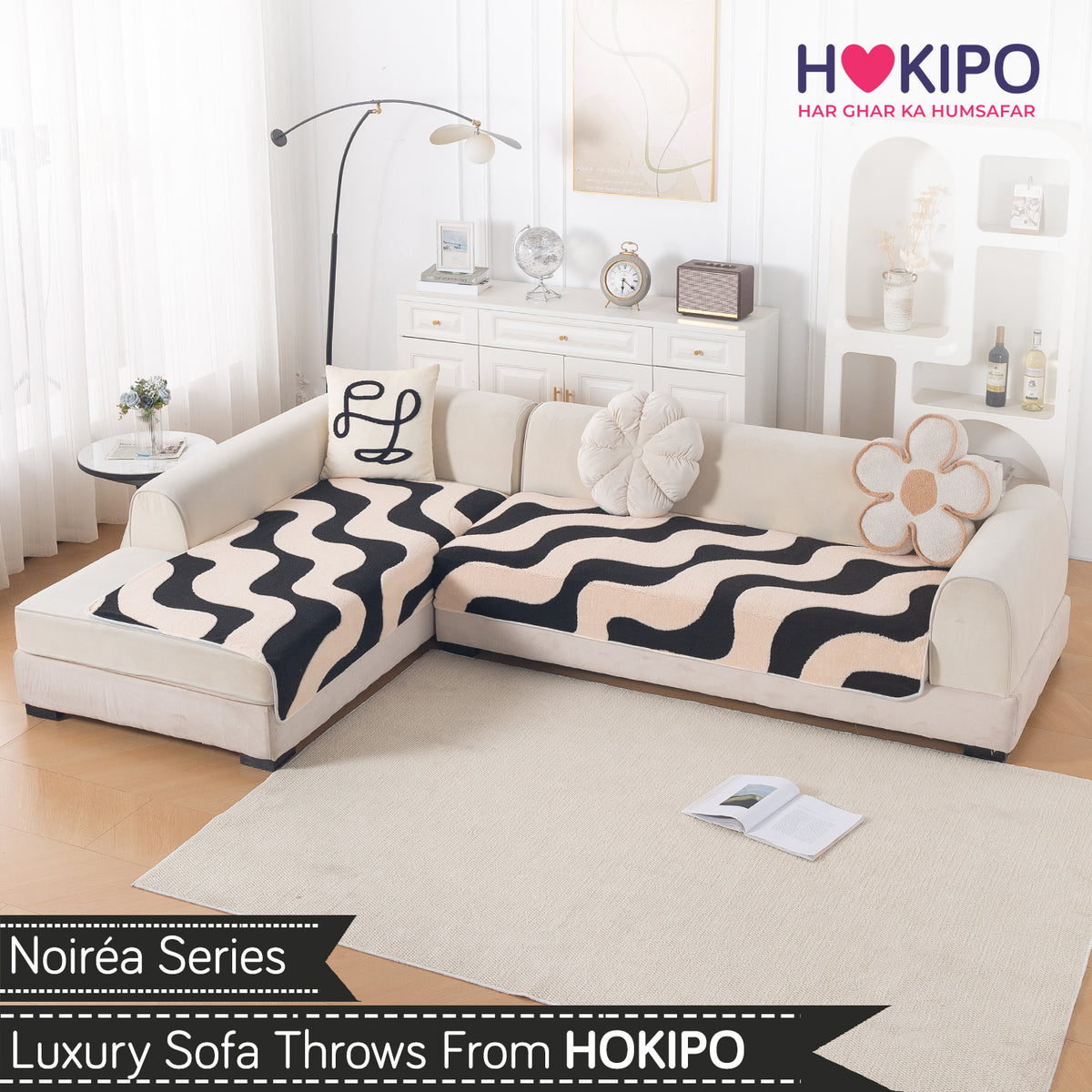 Luxury Plush Sherpa Anti Slip Combination Sofa Mat, 'Noirea Series'|Wavy Stripe