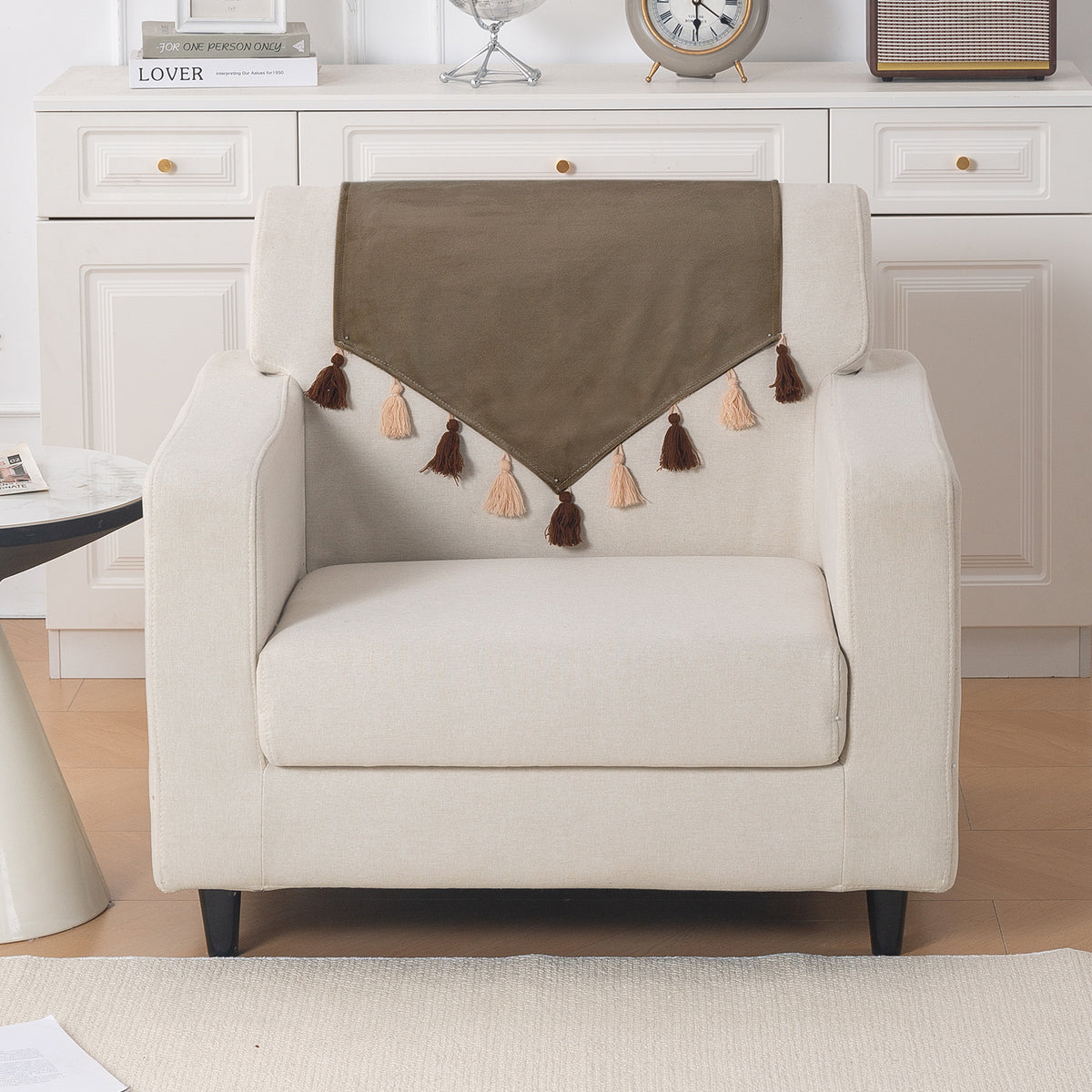 Tassel Tone Holland Velvet Sofa Cover Mat, Coffee Brown