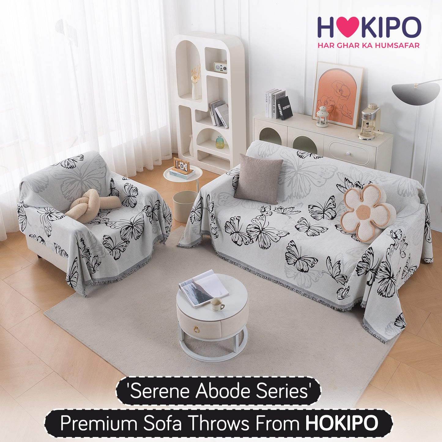 Premium 320 GSM Chenille Sofa Cover Throw All Season 'Serene Abode Series', Monochrome Butterfly