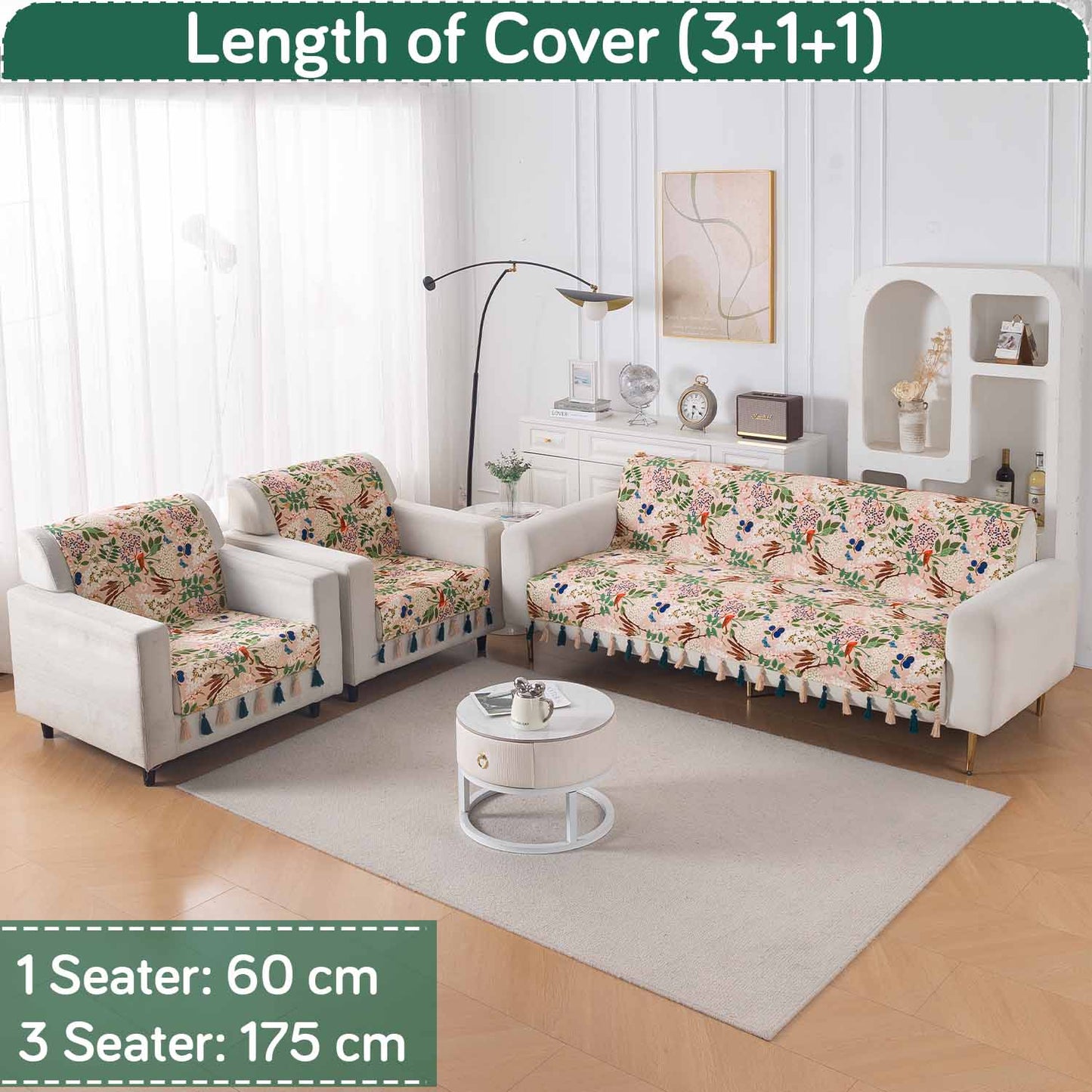 Holland Velvet 5-Seater Sofa Cover with Tassel (3+1+1), Beige Woodland Bloom