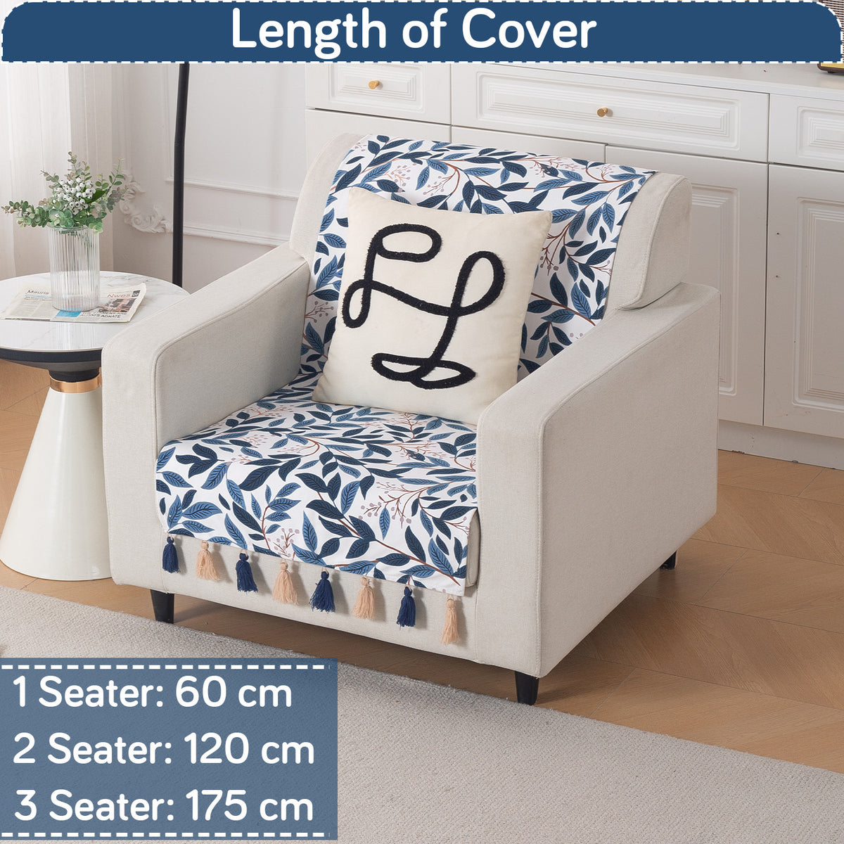 'Whispers of Nature' Series Holland Velvet Sofa Cover with Tassel, Indigo Foliage