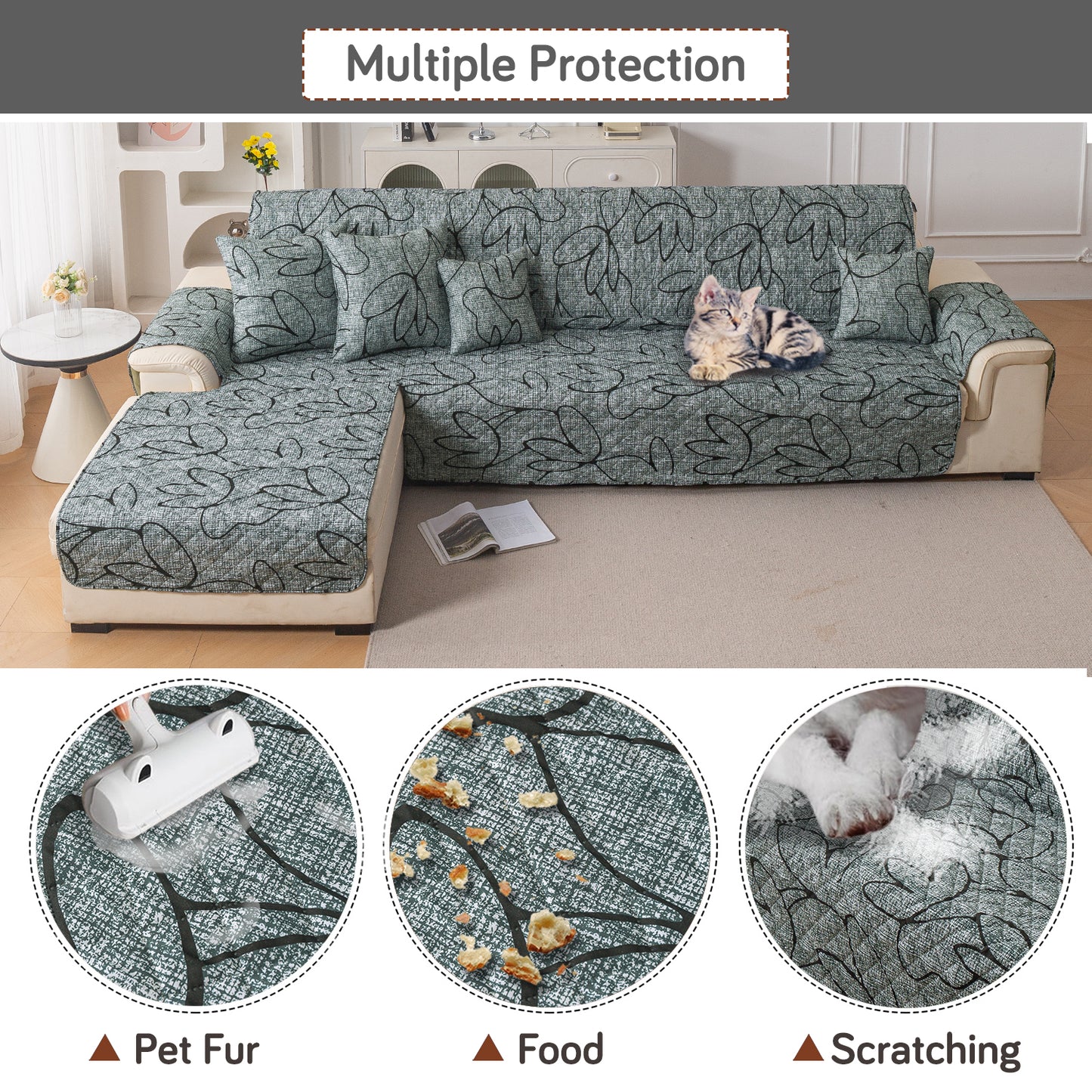 Elira Series Quilted One-Piece L Shape Sofa Cover Mat with Left and Right Chaise, Intense Grey Abstract Floral