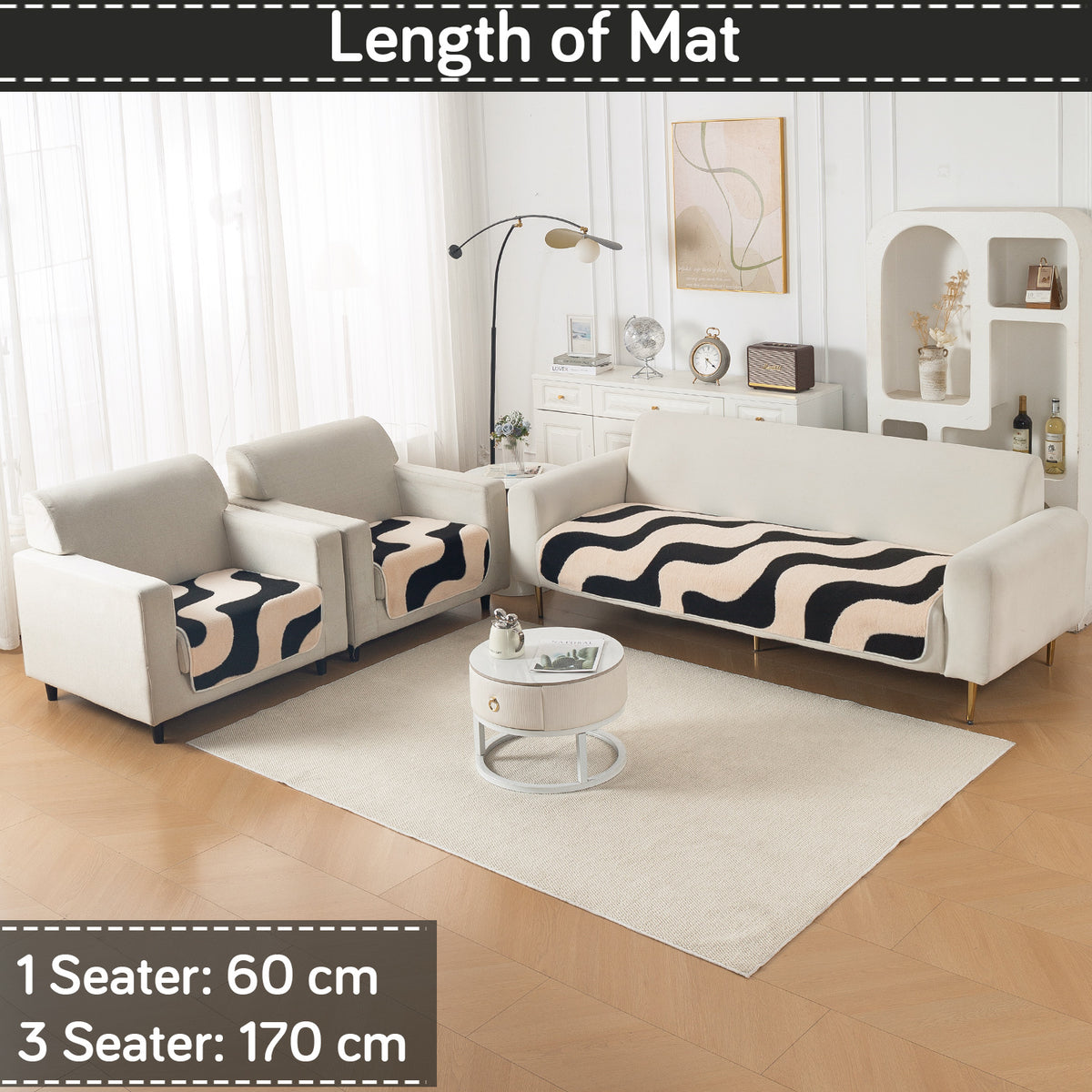 Luxury Plush Sherpa Anti Slip Combination Sofa Mat, 'Noirea Series'|Wavy Stripe
