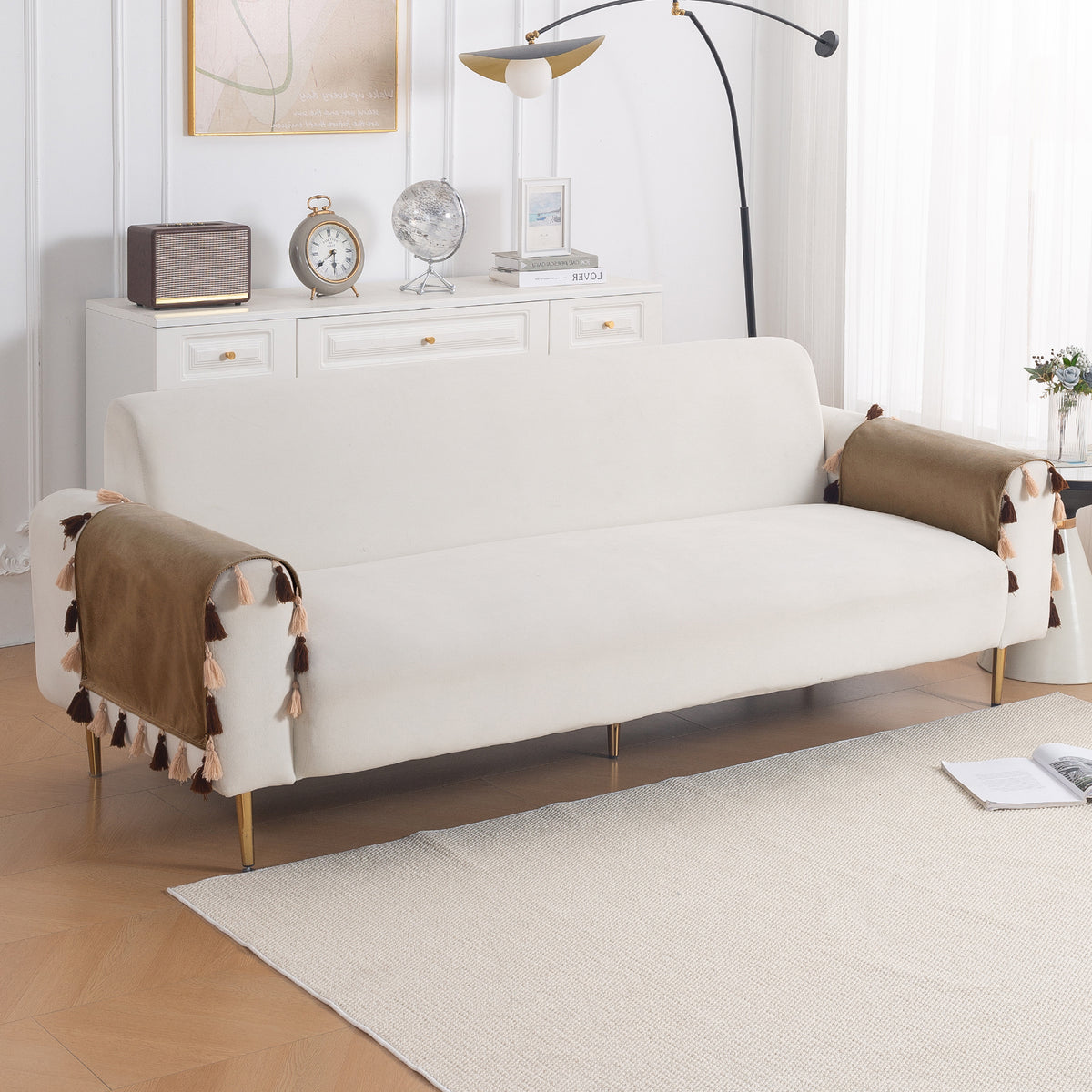 Tassel Tone Holland Velvet Sofa Cover Mat, Warm Taupe