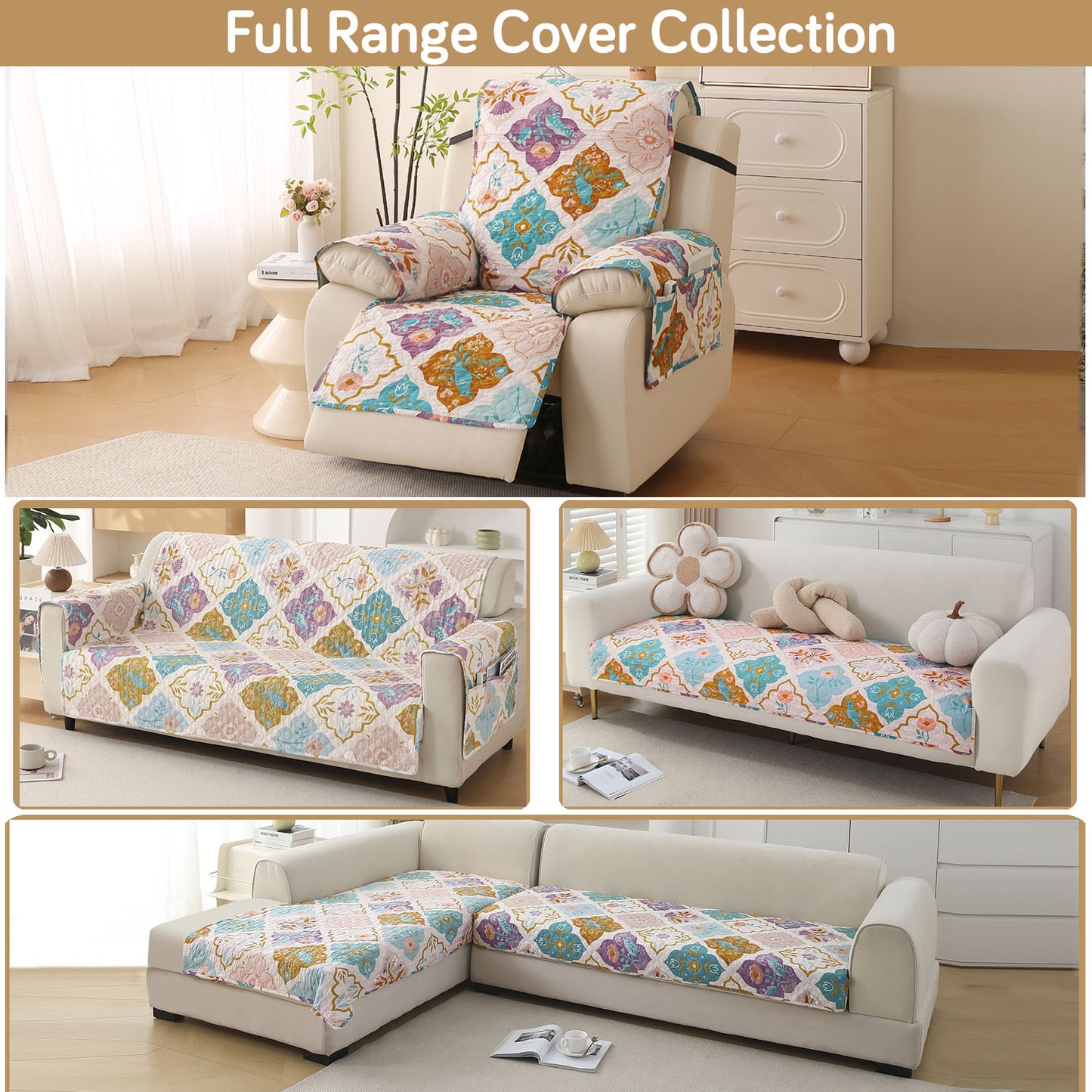 Quilted Printed Recliner Mats for 1 Seater Recliner Sofa, Quatrefoil Multicolor