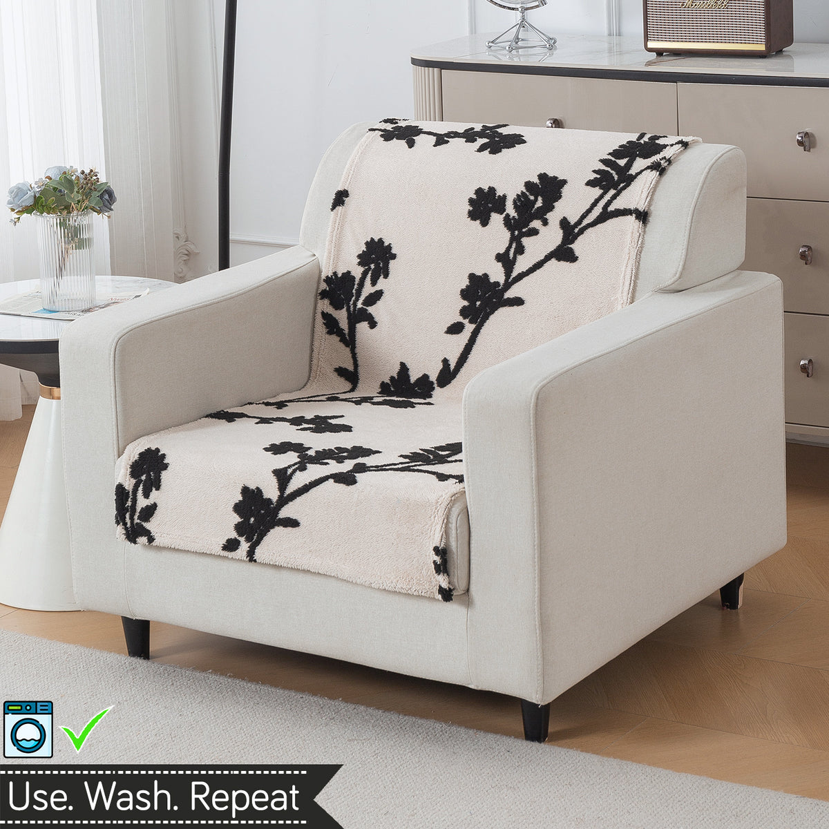 'Noirea Series' Plush Sofa Cover for Seat & Back, Botanical Vine
