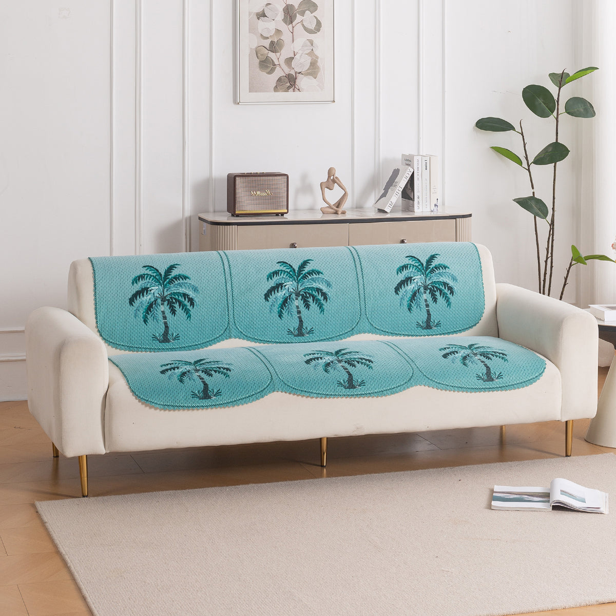 HeavenHue Fleece Soft Touch Quilted Sofa Cover Set Washable Sofa Panel for Seat & Back - Island Breeze