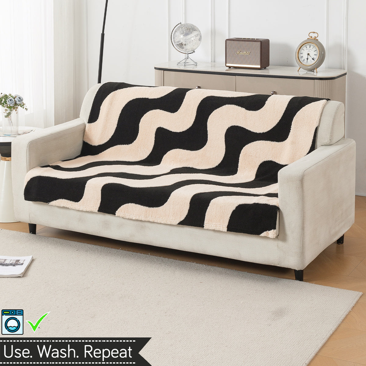 'Noirea Series' Plush Sofa Cover for Seat & Back, Wavy Stripe