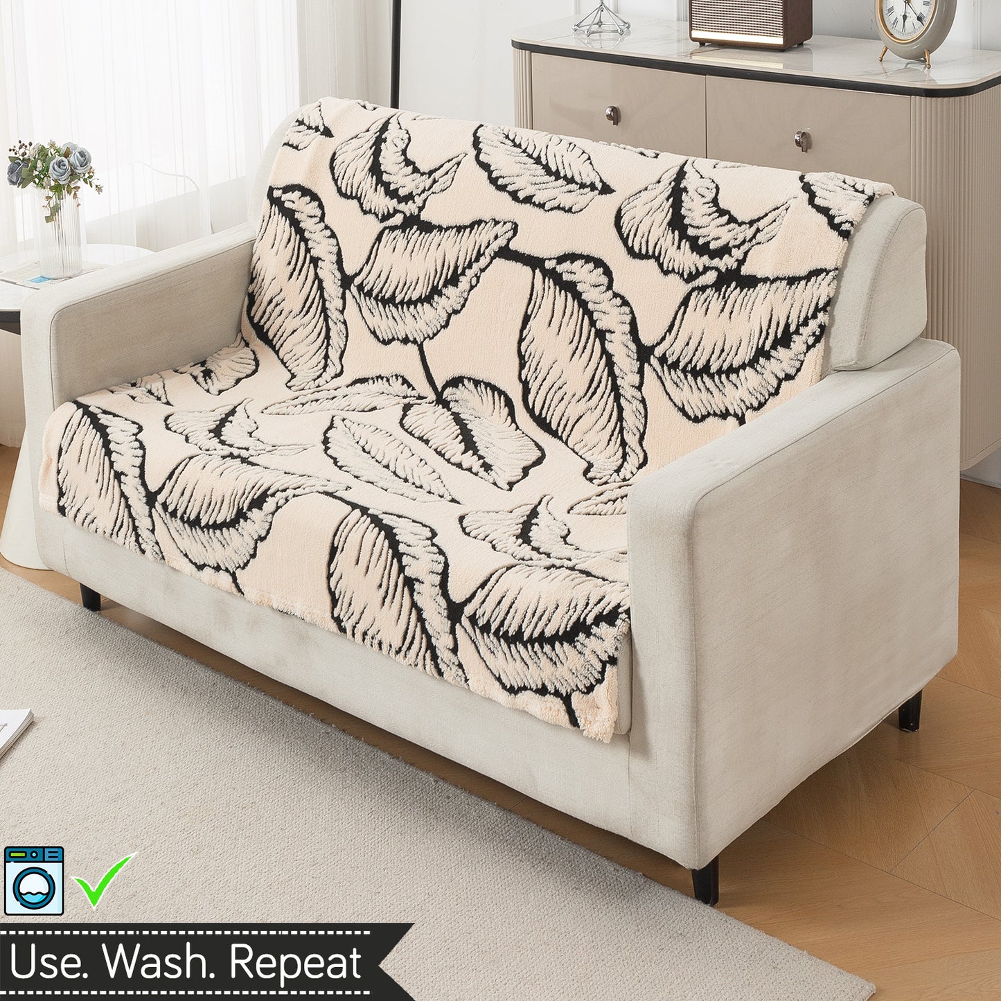 'Noirea Series' Plush Sofa Cover for Seat & Back, Botanical Leaf
