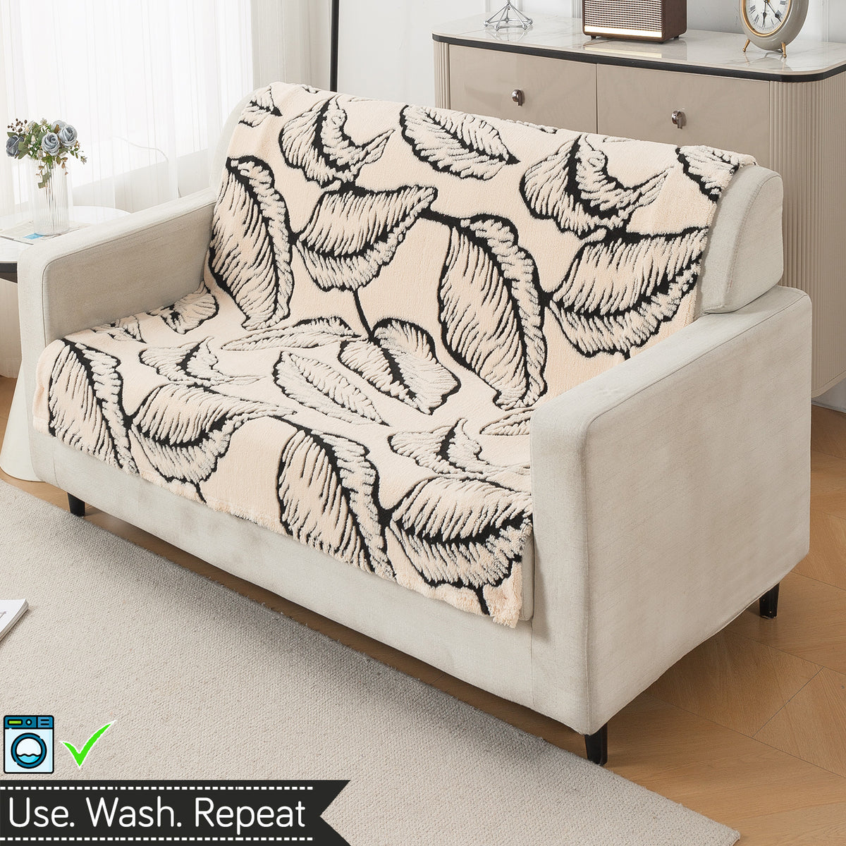 'Noirea Series' Plush Sofa Cover for Seat & Back, Botanical Leaf