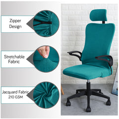 Stretchable Jacquard Office Boss Chair Seat Cover with Headrest Cover for Computer Desk Chair, Teal