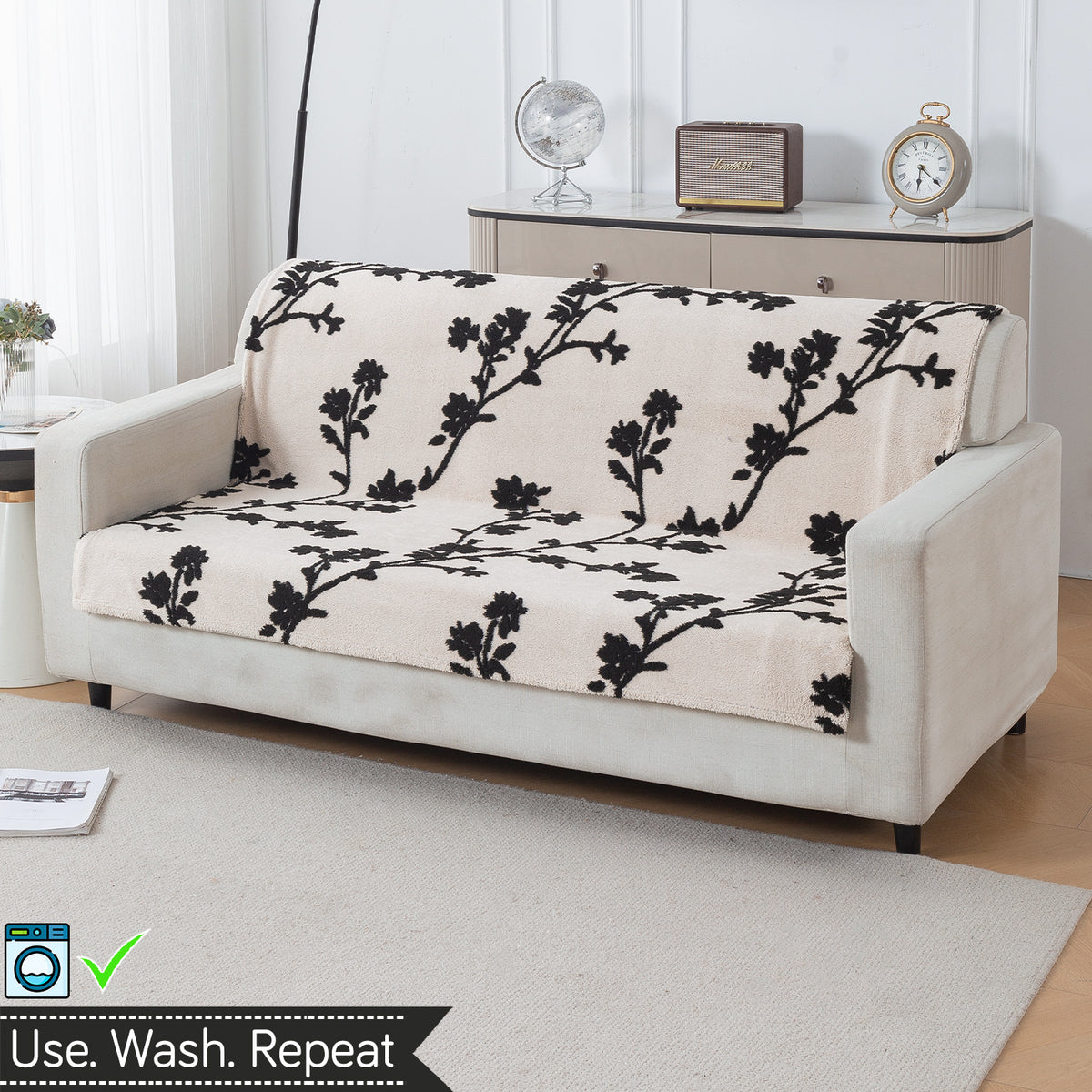 'Noirea Series' Plush Sofa Cover for Seat & Back, Botanical Vine