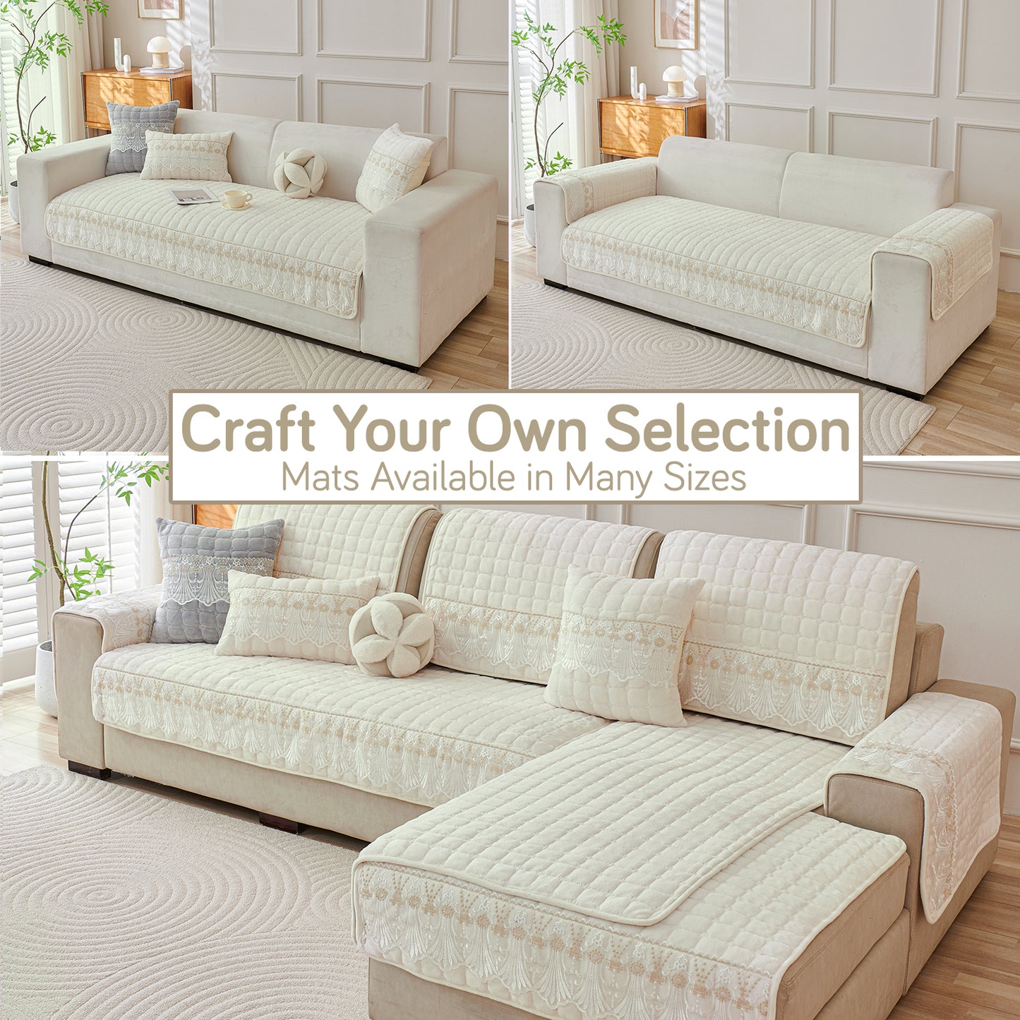 BelleLace Series Premium Imperial Milk Velvet Sofa Cover Mat with Lace Design -  Pearl White