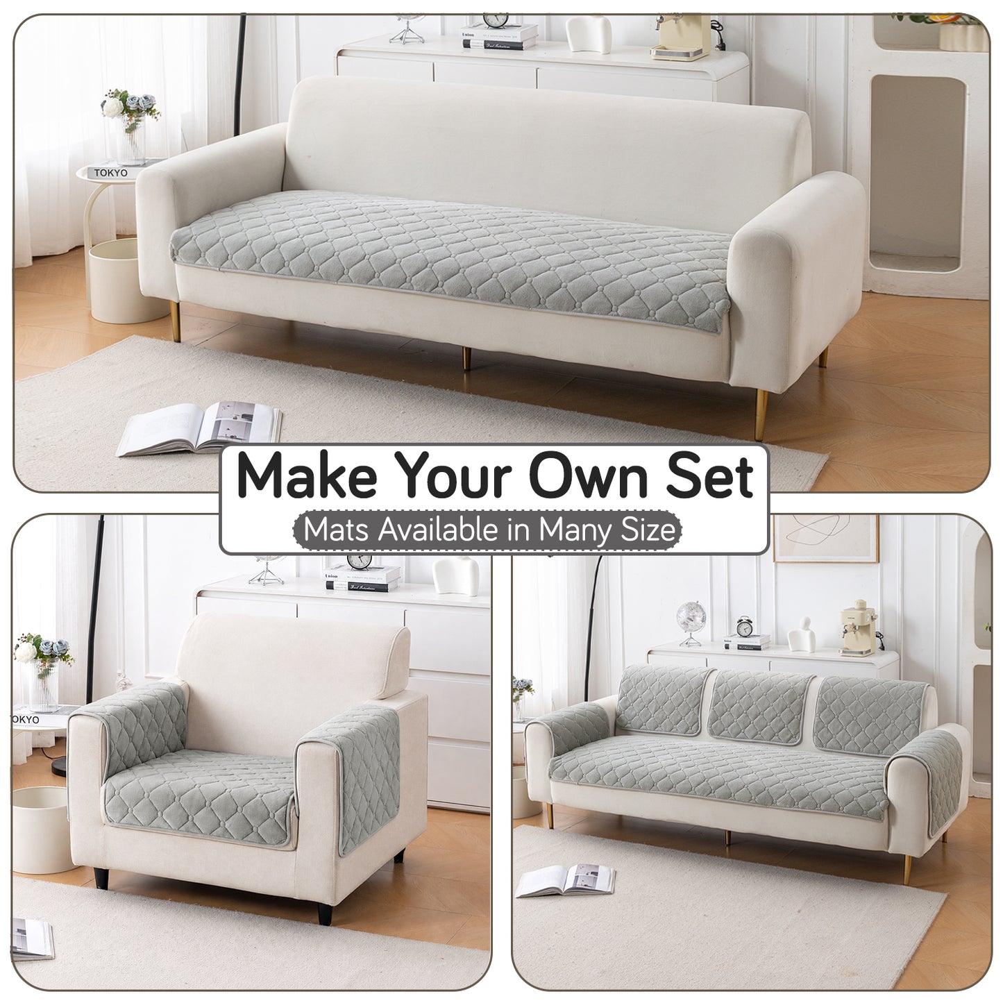 Diamond Tuft Plush Sofa Cover Mat, Mist Grey