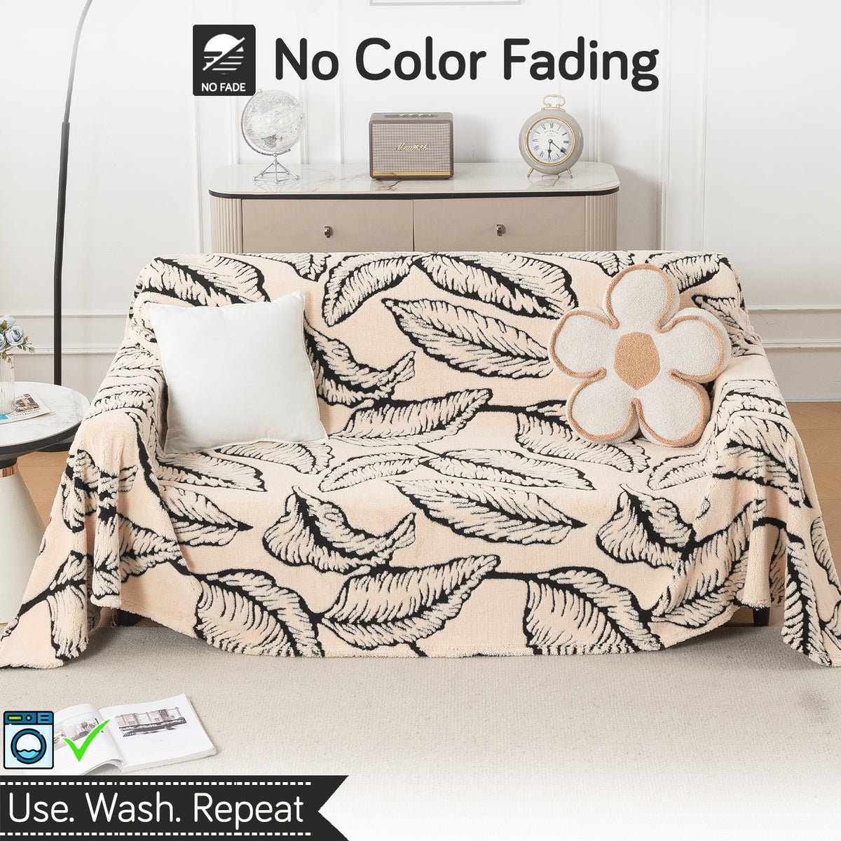 'Noirea Series' Plush Sherpa Sofa Cover Throw for Complete Sofa, Botanical Leaf