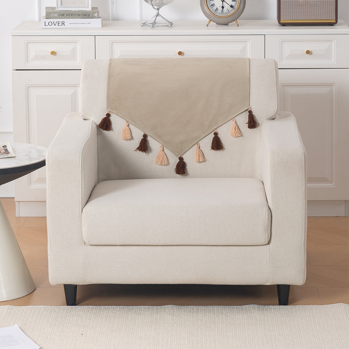 Tassel Tone Holland Velvet Sofa Cover Mat, Sand Beige