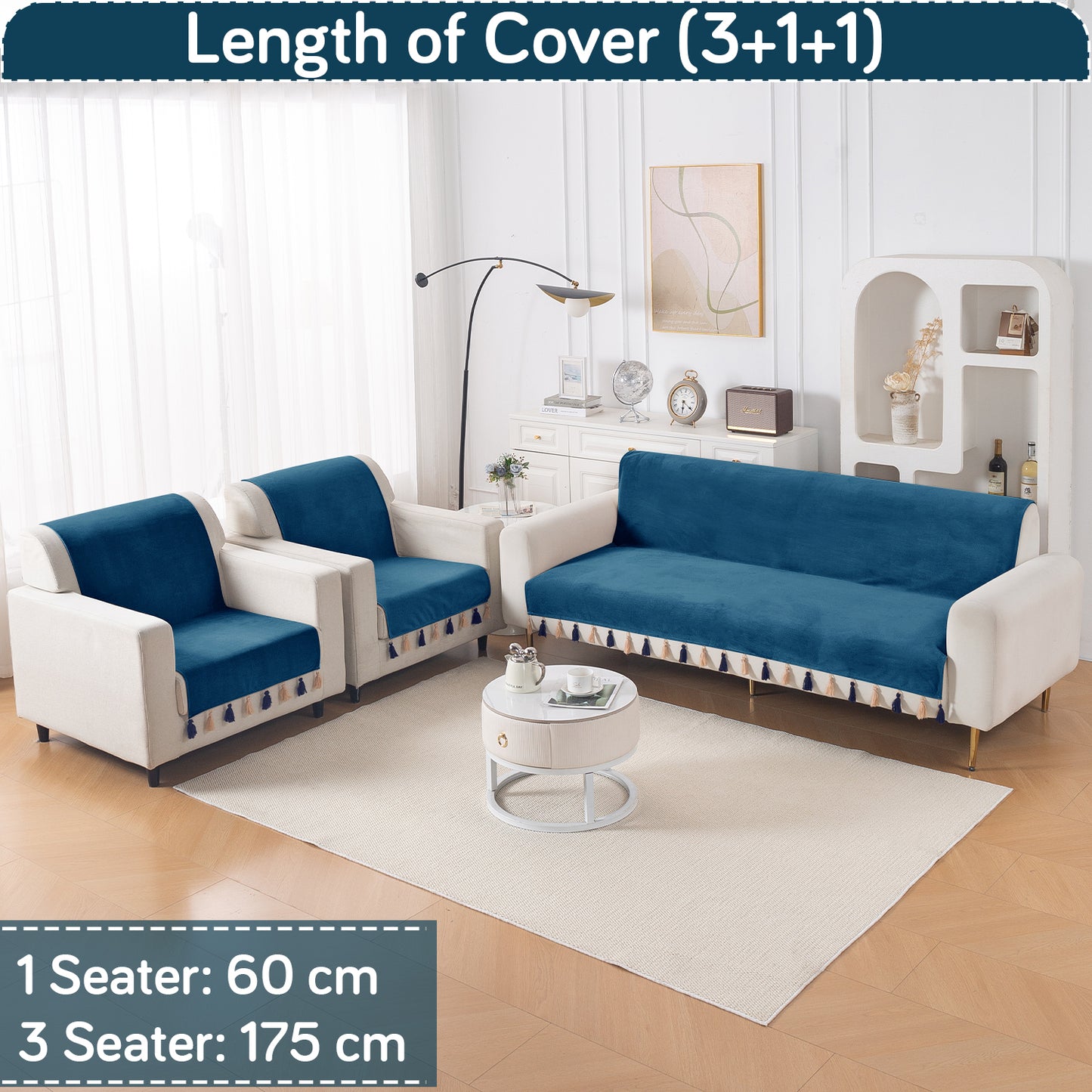 Holland Velvet 5-Seater Sofa Cover (3+1+1), TasselTone Series | Sea Blue