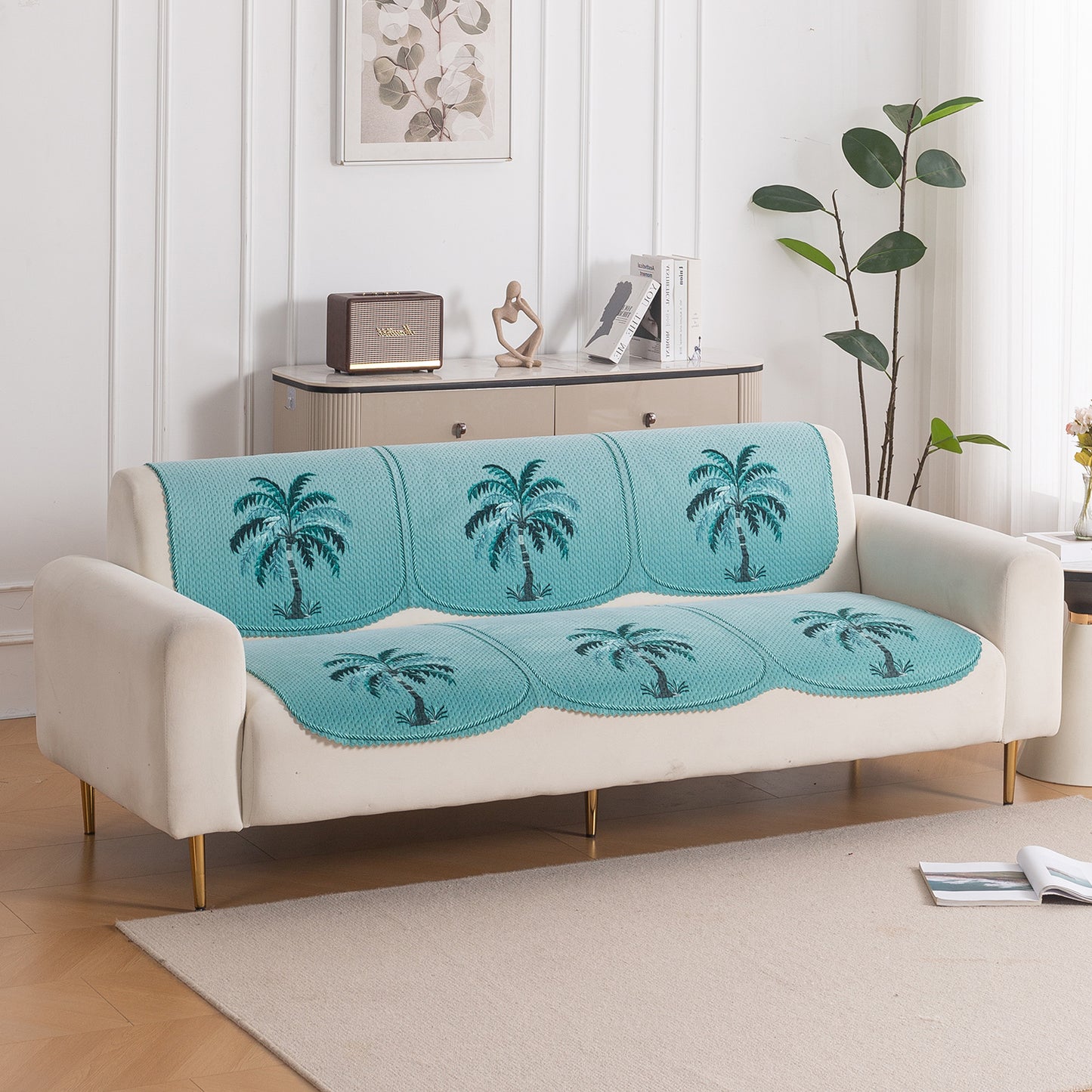 HeavenHue Fleece Soft Touch Quilted Sofa Cover Set Washable Sofa Panel for Seat & Back - Island Breeze