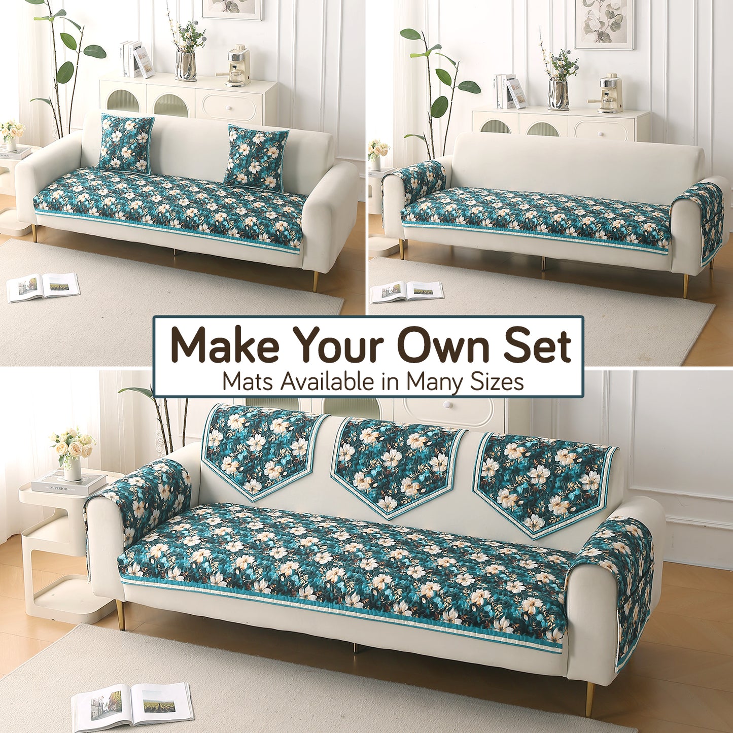 Florentina Series Premium Holland Velvet Sofa Cover Mat - Pansies Teal